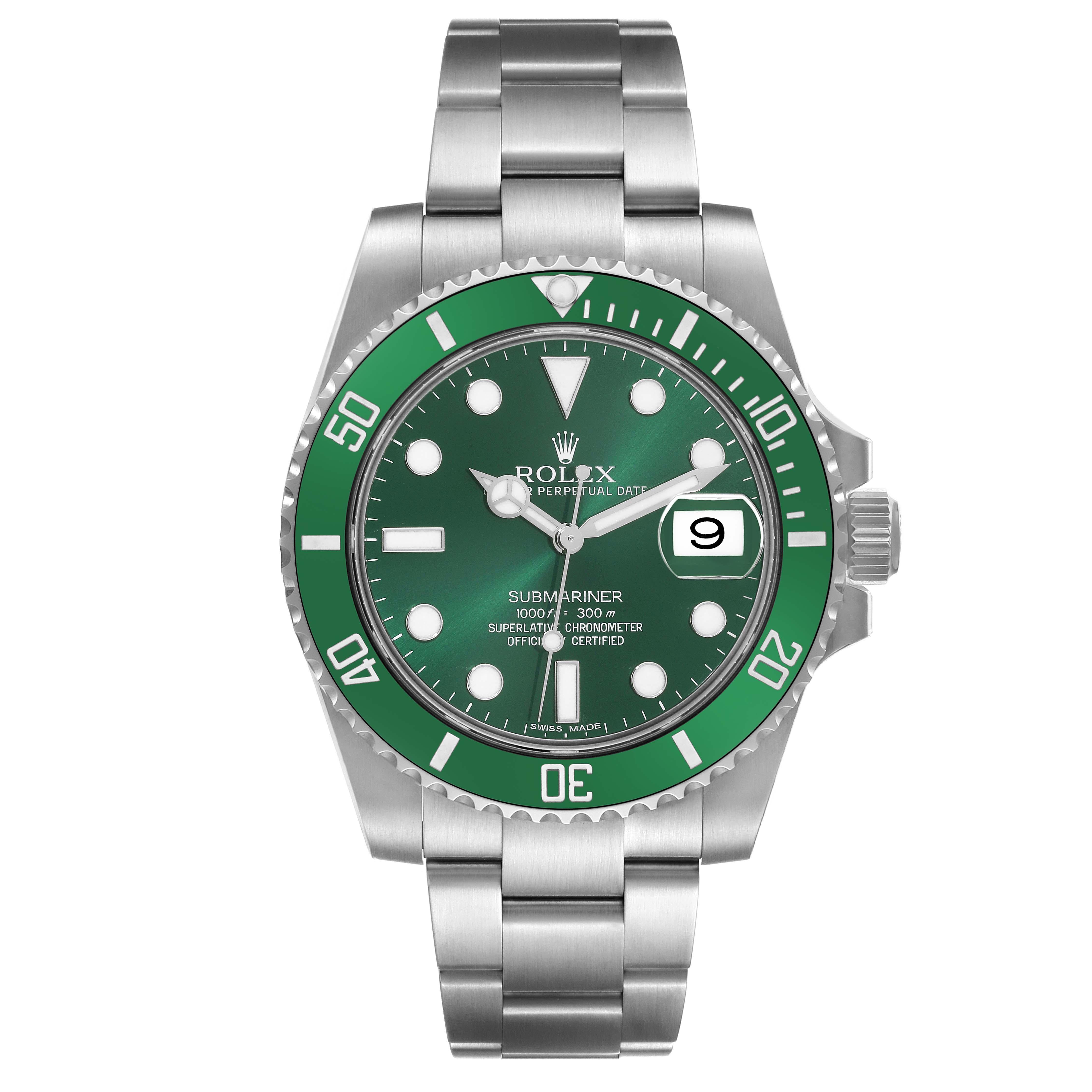 Rolex Submariner Hulk Green Dial Steel Mens Watch 116610LV. Officially certified chronometer automatic self-winding movement. Stainless steel oyster case 40 mm in diameter. Rolex logo on the crown. Special time-lapse unidirectional rotating green