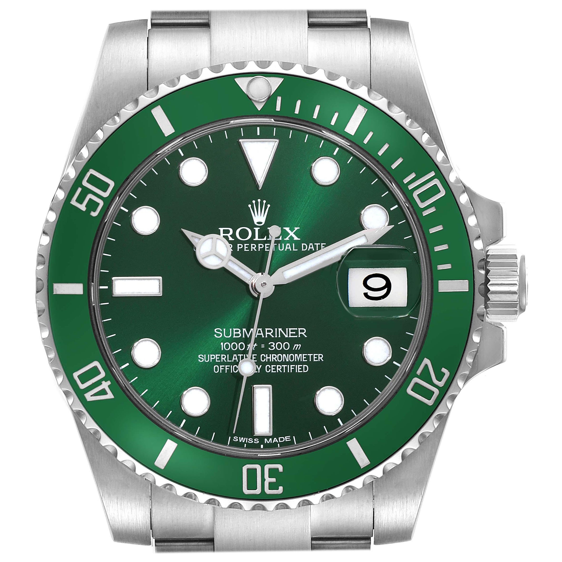 Reloj Rolex Submariner Hulk de acero con esfera verde para caballero 116610LV