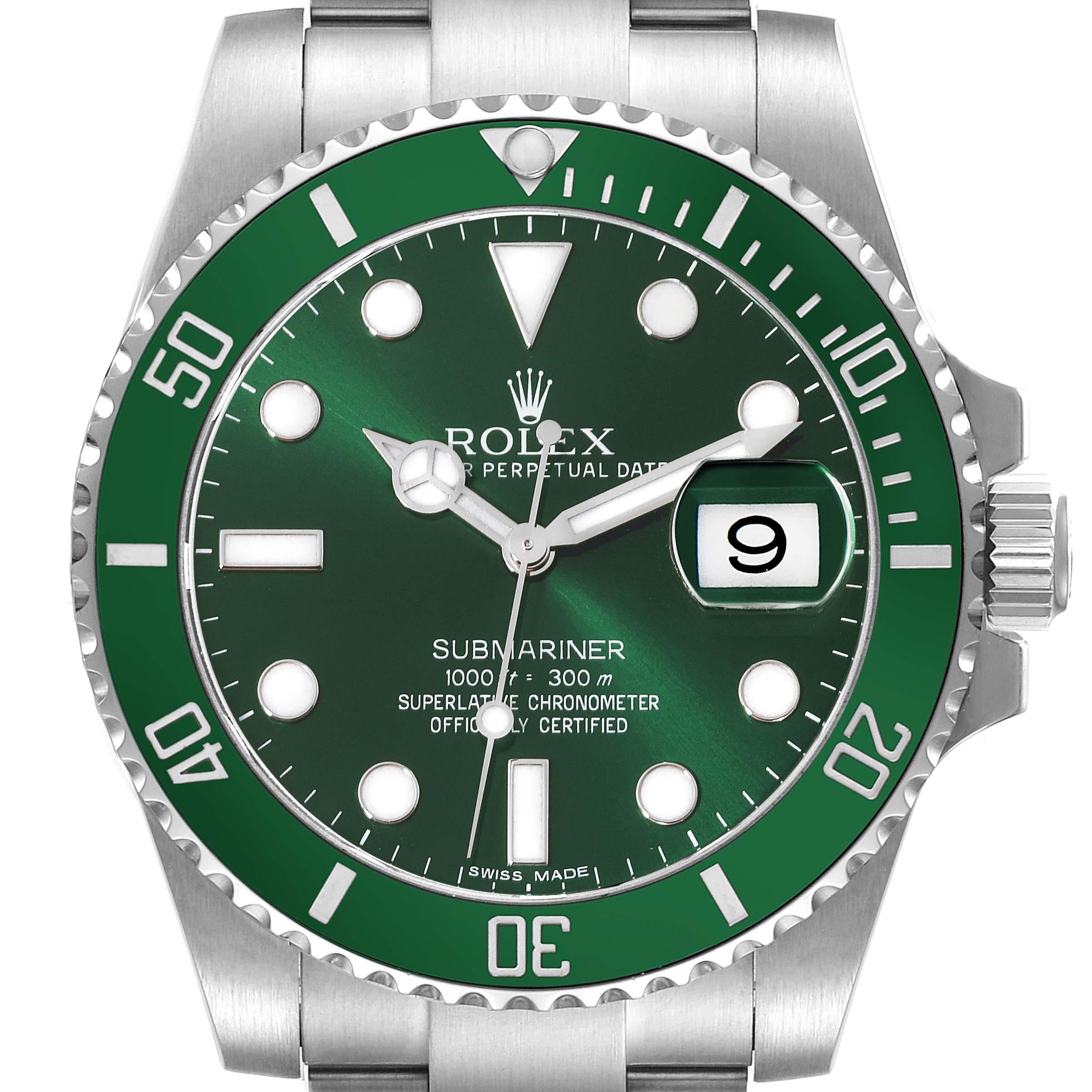 Rolex Submariner Hulk Green Dial Steel Mens Watch 116610V Box Card. Officially certified chronometer automatic self-winding movement. Oyster case 40 mm in diameter. Rolex logo on the crown. Special time-lapse unidirectional rotating green ceramic