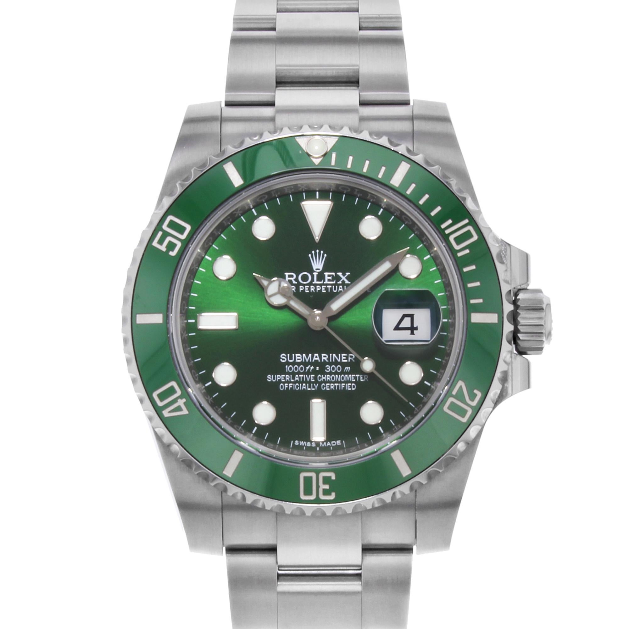 This pre-owned Rolex Submariner  116610LV  is a beautiful men's timepiece that is powered by mechanical (automatic) movement which is cased in a stainless steel case. It has a round shape face, date indicator dial and has hand sticks & dots style