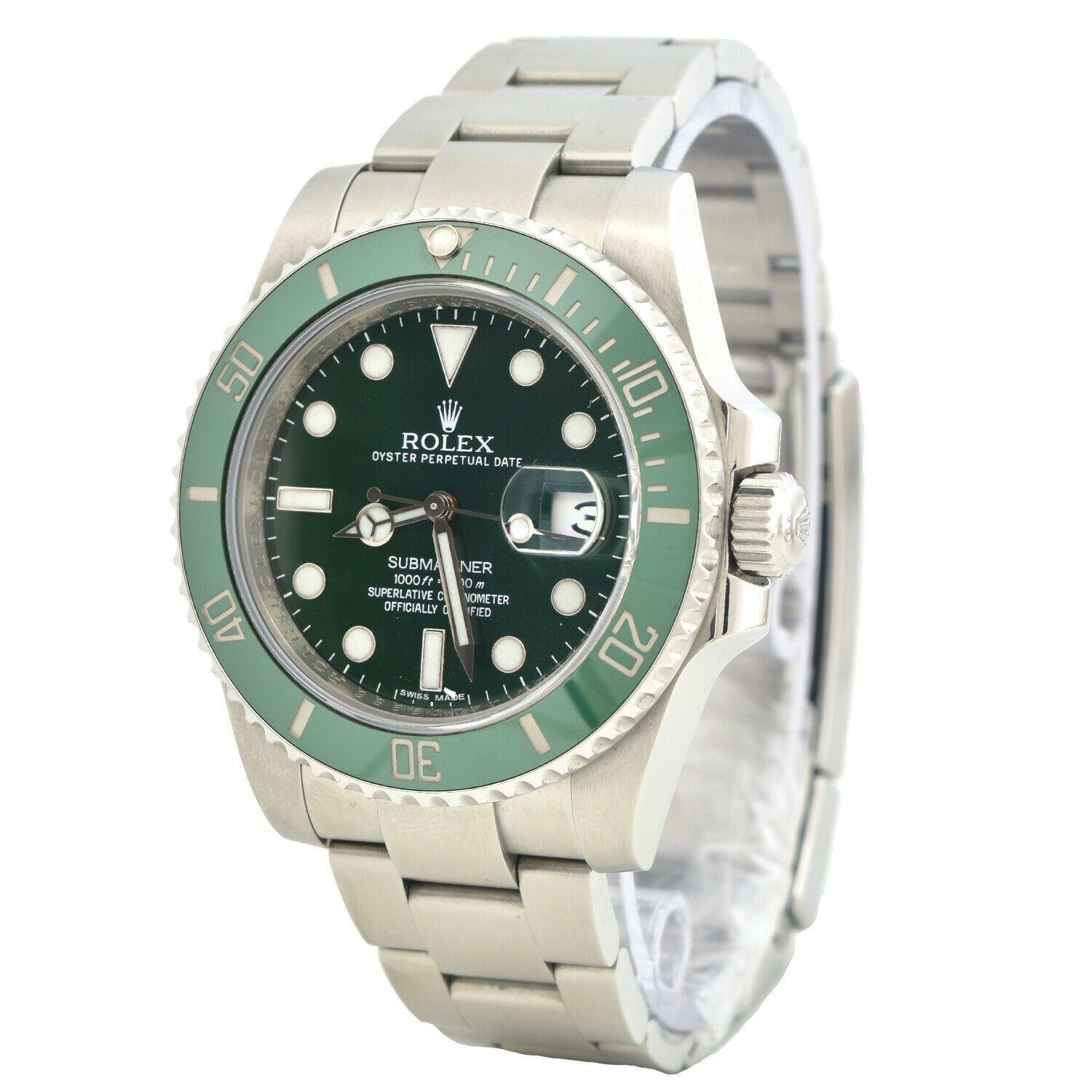 Brand: Rolex

Model Name: Submariner “Hulk”

Model Number: 116610LV

Movement: Automatic

Case Shape: Round

Case Size:  40 mm

Dial: Green

Bezel: Ceramic

Crystal: Sapphire Crystal

Bracelet Material: Oyester

Functions: Date, Hour, Minute,