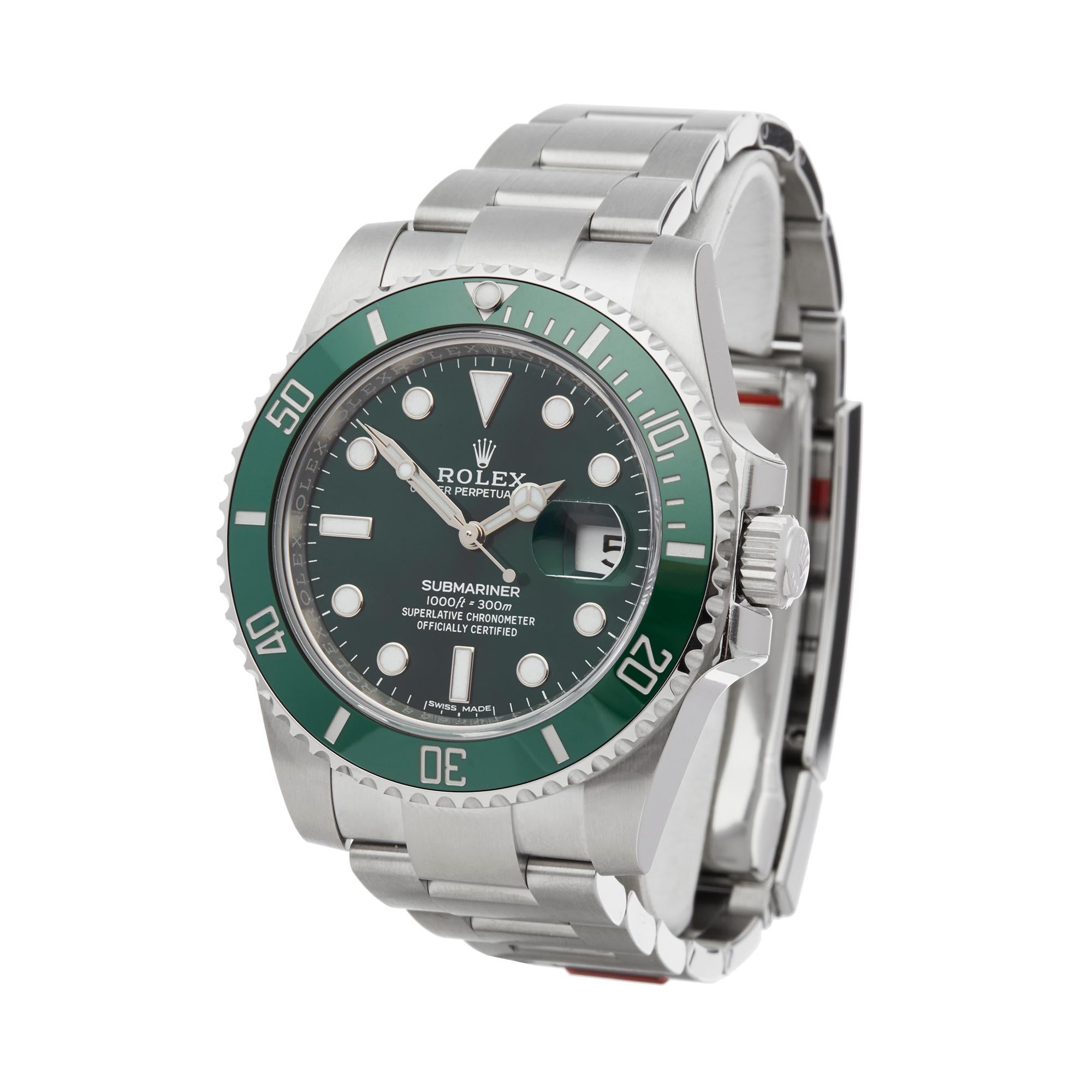 Ref: W5833
Manufacturer: Rolex
Model: Submariner
Model Ref: 116610LV
Age: 15th December 2018
Gender: Mens
Complete With: Box, Manuals & Guarantee
Dial: Green
Glass: Sapphire Crystal
Movement: Automatic
Water Resistance: To Manufacturers