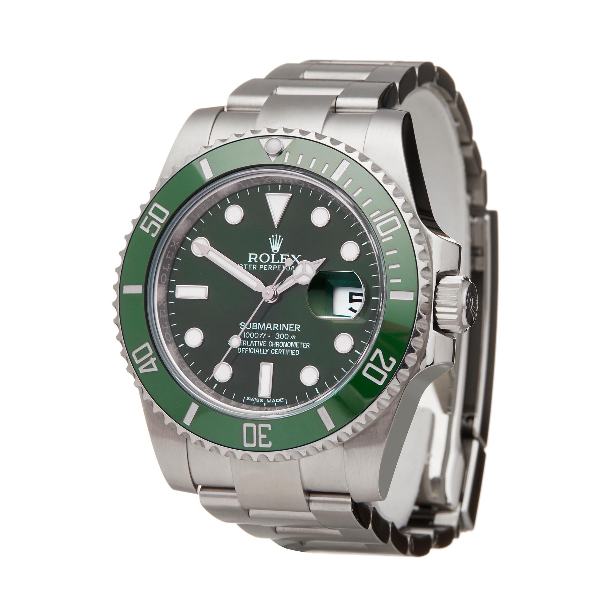 Reference: W5965
Manufacturer: Rolex
Model: Submariner
Model Reference: 116610LV
Age: 21st December 2015
Gender: Men's
Box and Papers: Box, Manuals and Guarantee
Dial: Green
Glass: Sapphire Crystal
Movement: Automatic
Water Resistance: To