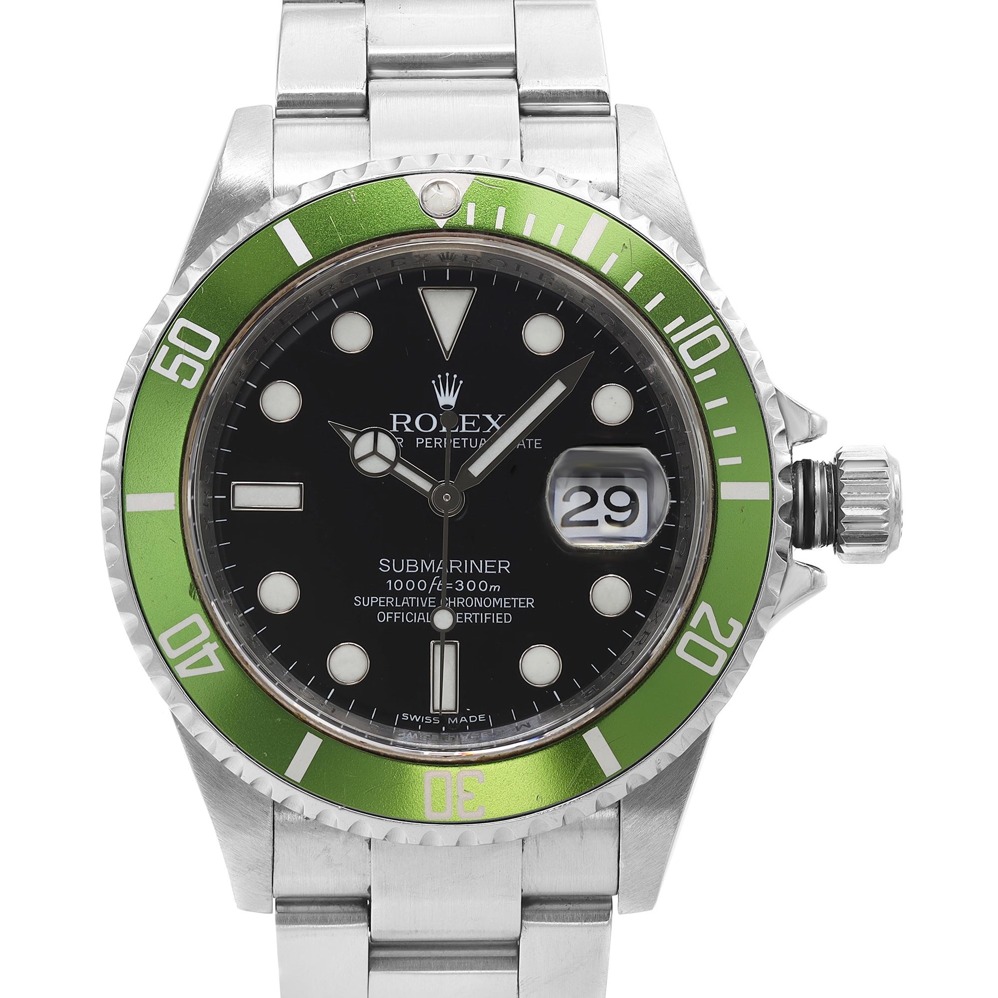 Rolex Submariner Kermit 40mm Stainless steel Black Dial Automatic Men's Watch 16610 T. Minor dings and scratches on the bezel insert. No Original Box and Papers are Included. Covered by 3-year Chronostore Warranty. Worldwide Shipment with a 30-day