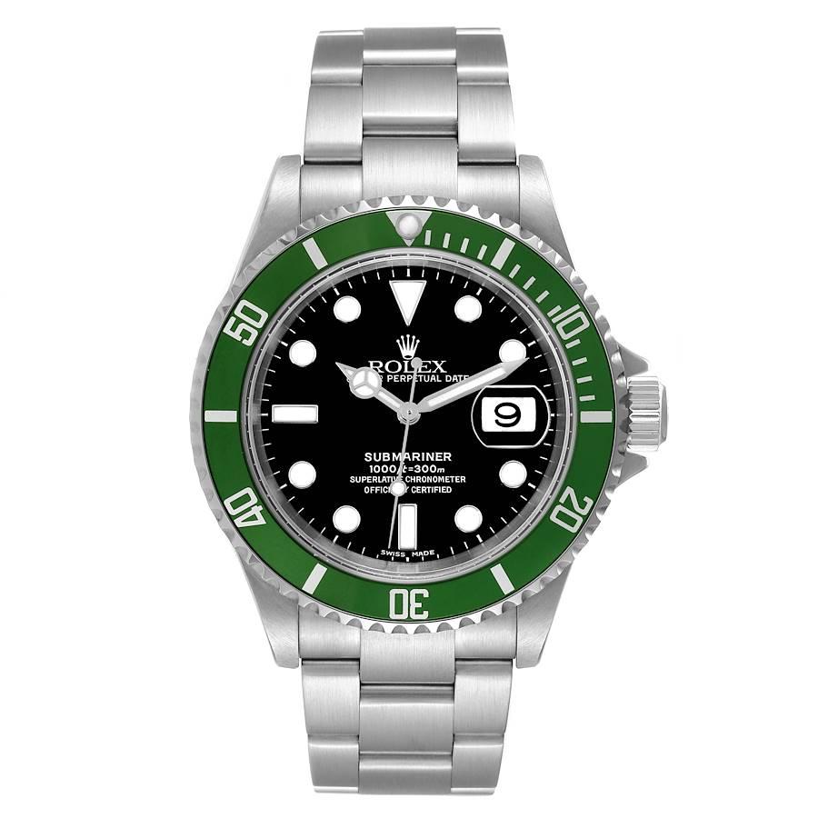 Rolex Submariner Kermit Green 50th Anniversary Mens Watch 16610LV Box Papers. Officially certified chronometer automatic self-winding movement. Stainless steel oyster case 40.0 mm in diameter. Rolex logo on the crown. Special time-lapse
