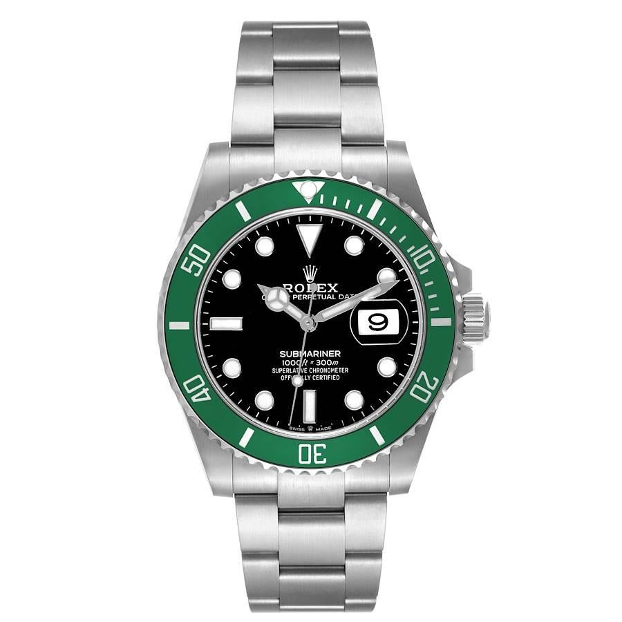 Rolex Submariner Kermit Green Ceramic Bezel Mens Watch 126610 Unworn. Mouvement automatique à remontage automatique, officiellement certifié chronomètre. Amortisseurs Paraflex haute performance. Boîtier oyster en acier inoxydable de 41 mm de