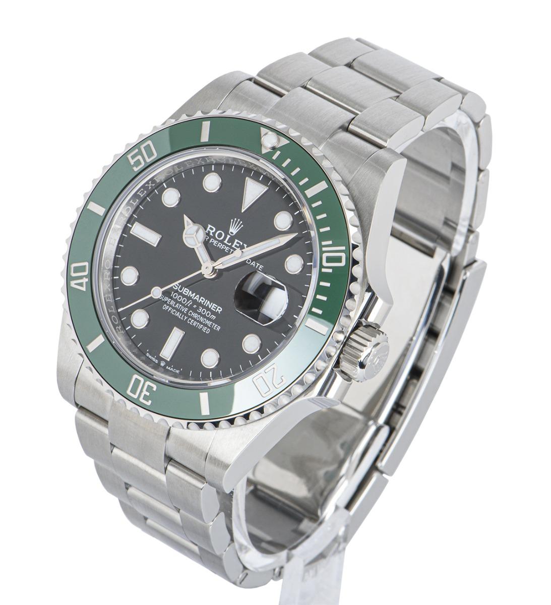 An unworn 41mm Submariner Date known as both a Kermit or Starbucks, from Rolex in Oystersteel. Features a black dial with the date at 3 o'clock and a green unidirectional rotatable bezel with 60-minute graduations coated in platinum.

The Oyster