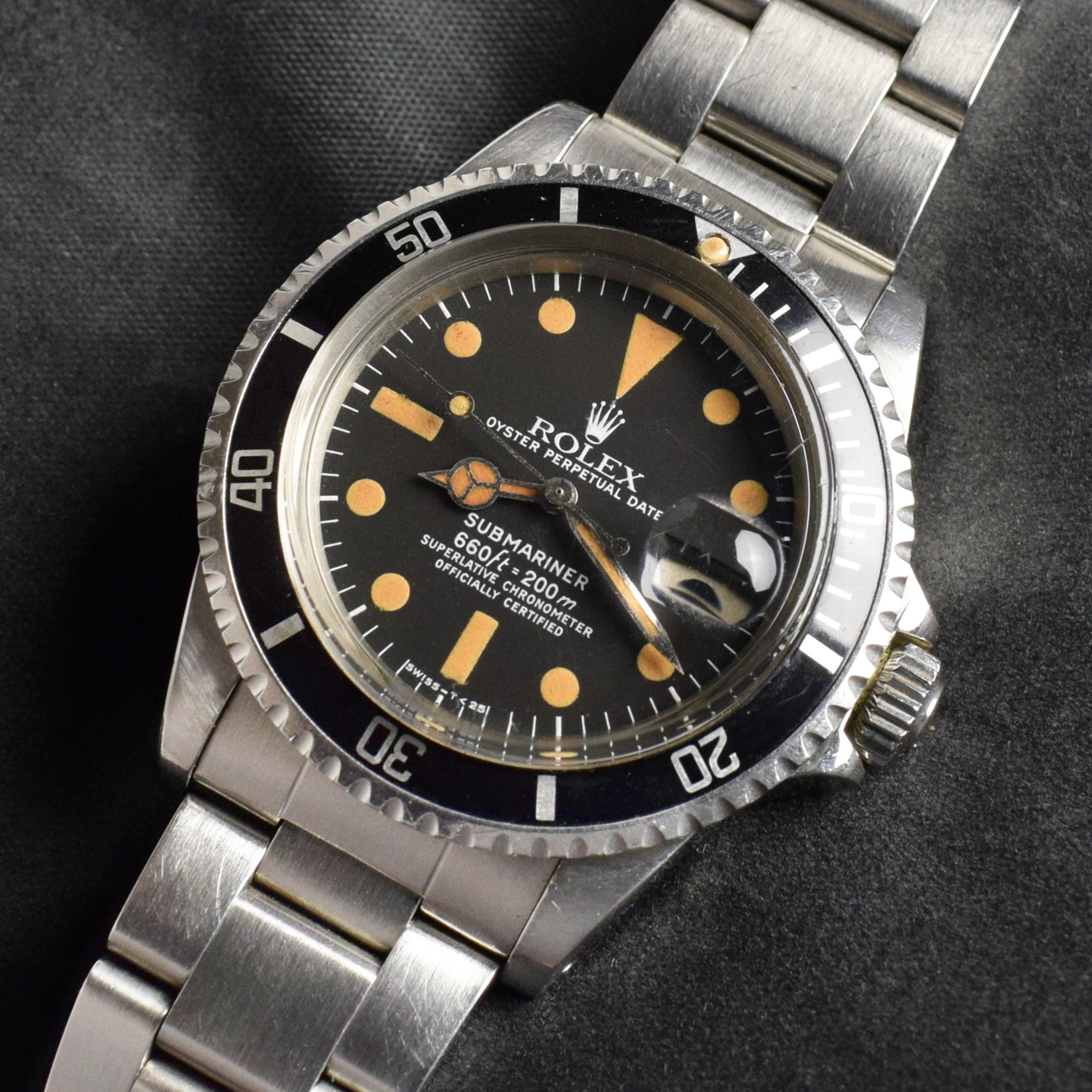 Rolex Submariner Automatikuhr mit mattem Zifferblatt und Datum 1680 aus Pumpkin-Stahl, 1978 im Zustand „Gut“ in Central & Western District, HK