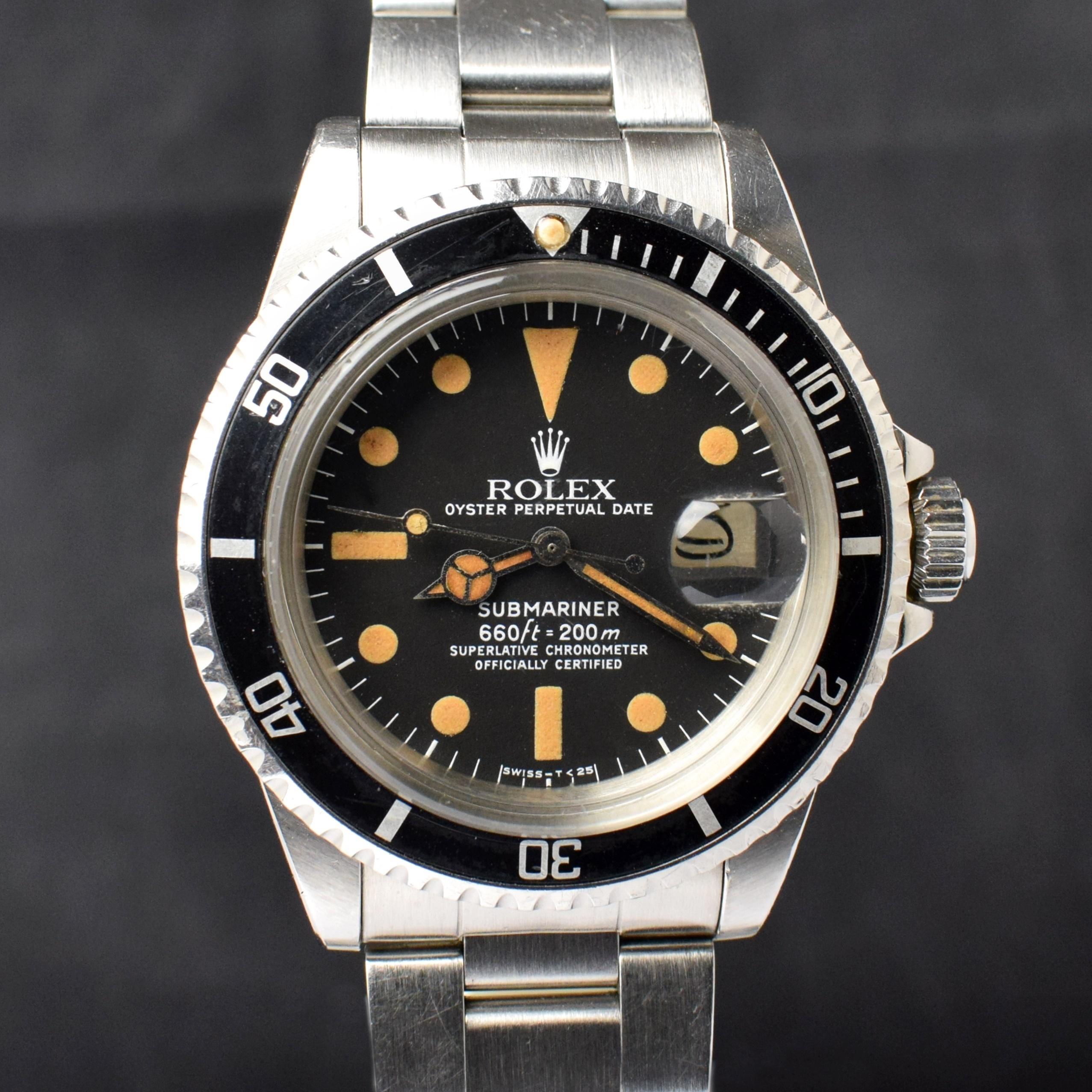 Rolex Submariner Automatikuhr mit mattem Zifferblatt und Datum 1680 aus Pumpkin-Stahl, 1978 für Damen oder Herren