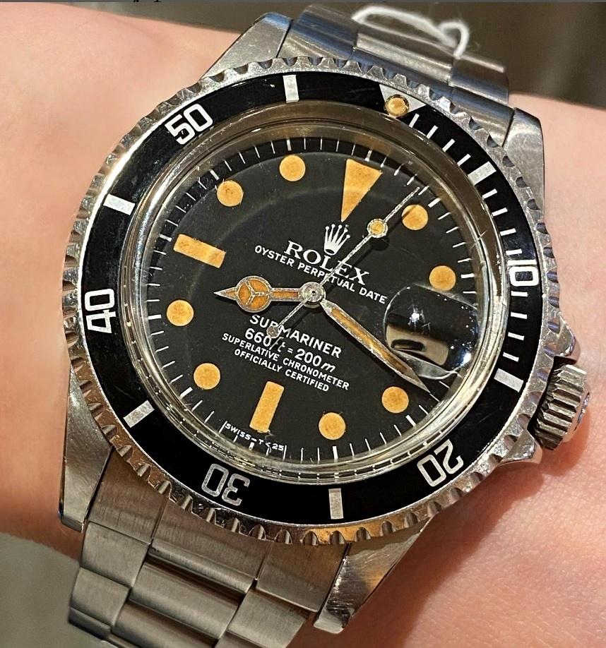 Women's or Men's Rolex Submariner Matte Dial with Date 1680 Pumpkin Steel Automatic Watch, 1978