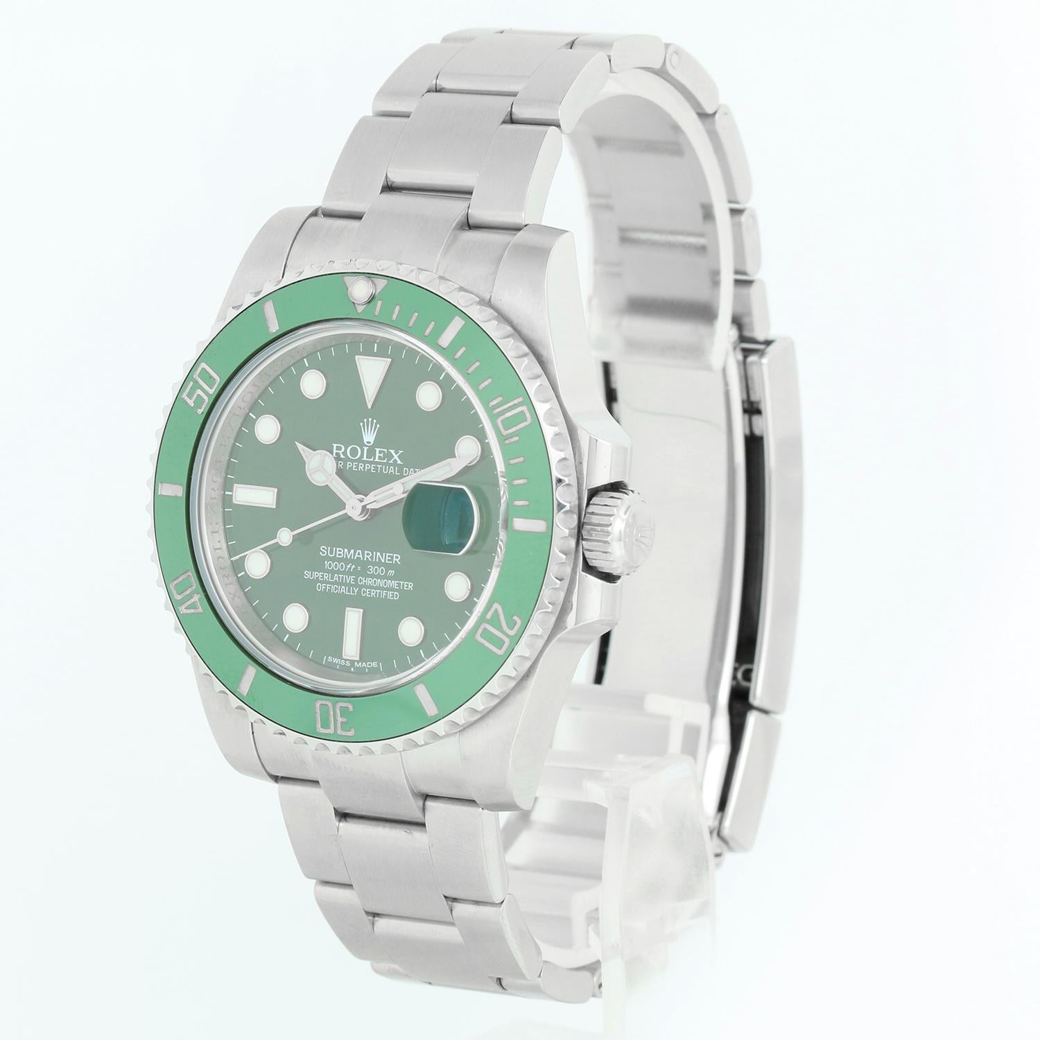 Rolex Submariner Men's Stainless Steel Green Dial Watch 116610LV - Automatic winding, 31 jewels, pressure proof to 1,000 feet. Stainless steel case with green time-lapse Ceramic Cerachrom bezel (40mm diameter). Green dial with luminous markers; date
