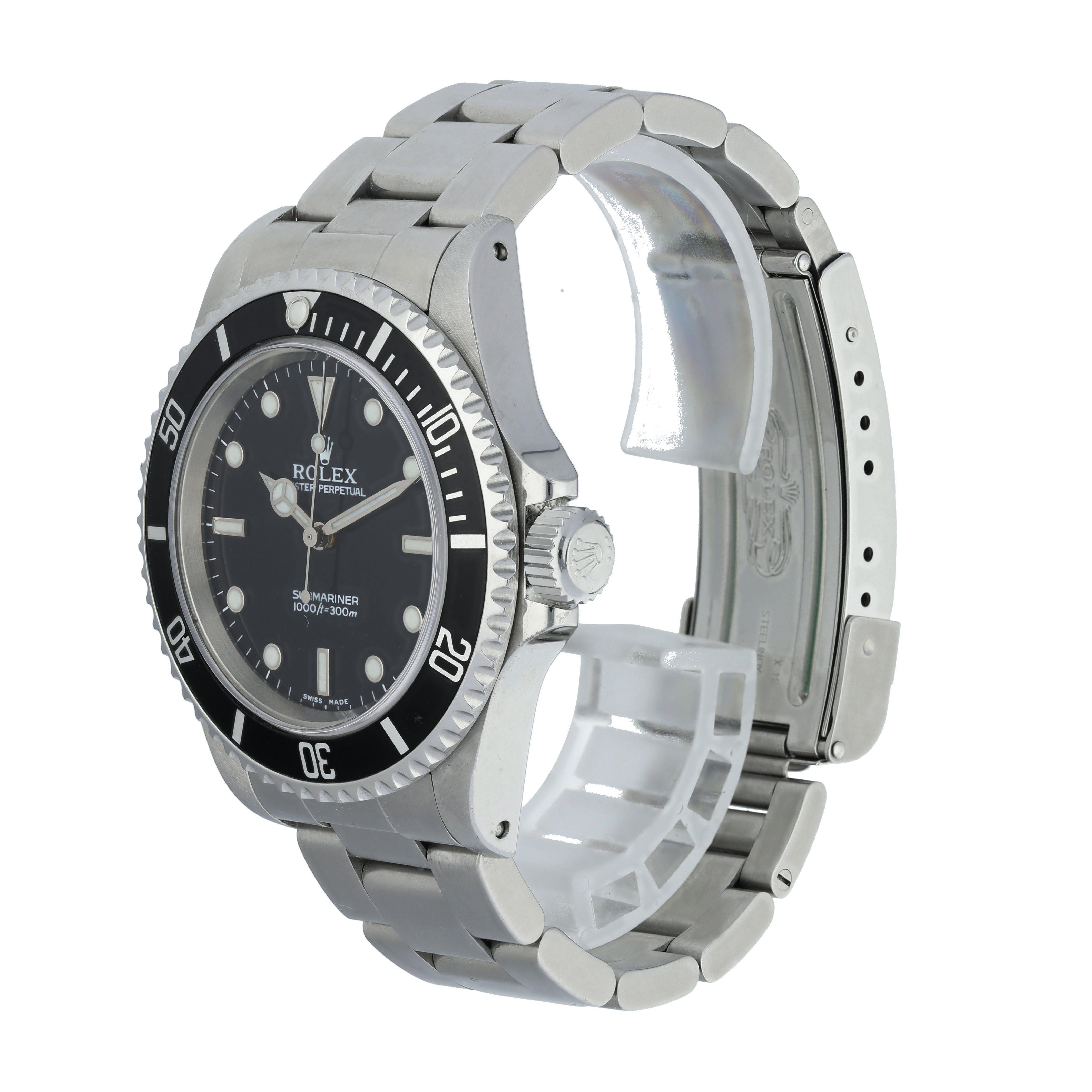 Rolex Submariner 14060 Men's Watch. 
40mm Stainless Steel case. 
Stainless Steel Unidirectional bezel. 
Black dial with Luminous Steel hands and luminous dot hour markers. 
Minute markers on the outer dial. 
Stainless Steel Bracelet with Fold Over