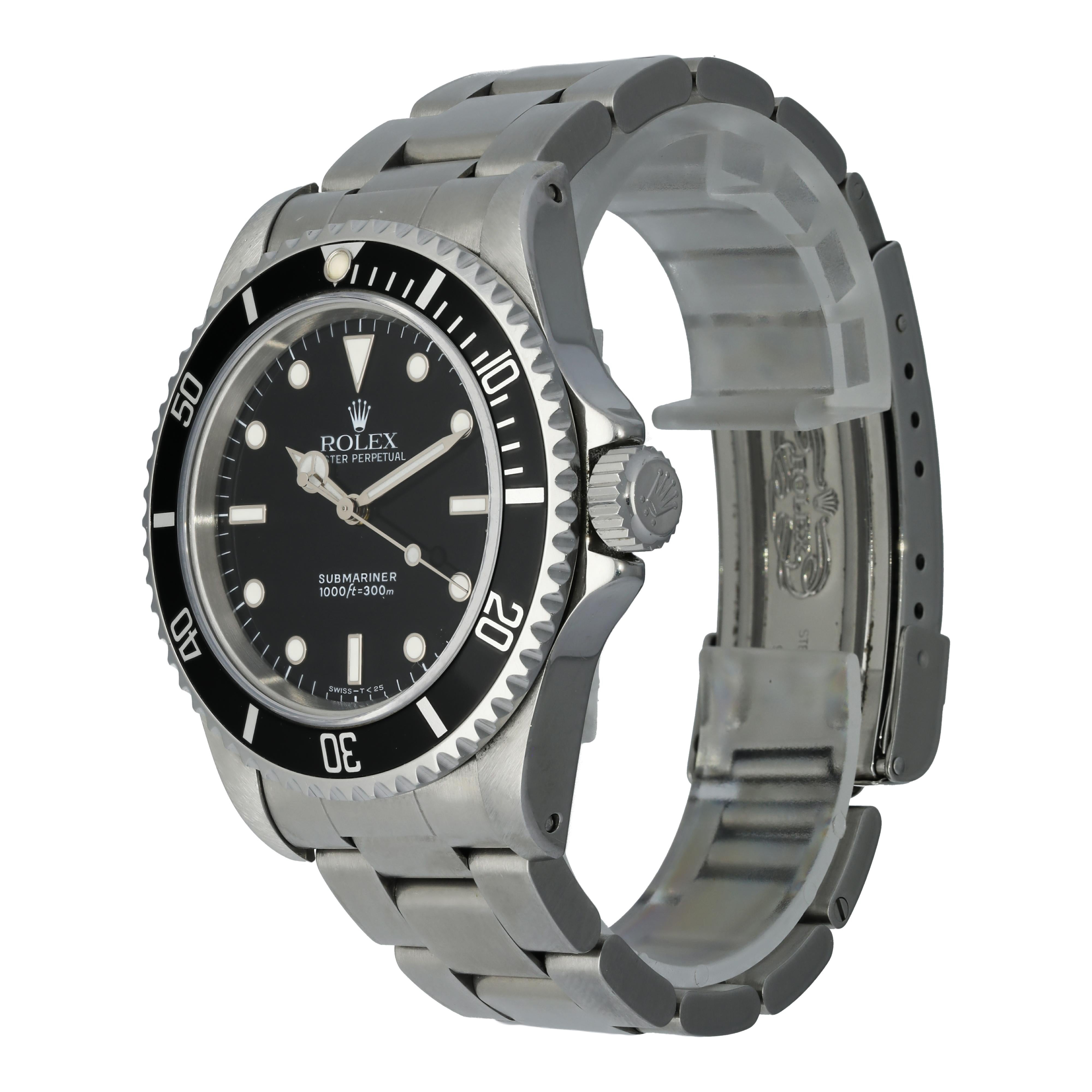 Rolex Submariner 14060 Men's Watch.
40mm Stainless Steel case. 
Stainless Steel Rotate bezel. 
Black tritium dial with Steel hands and index, dot hour markers. 
Minute markers on the outer dial. 
Stainless Steel Bracelet with Fold Over Clasp With