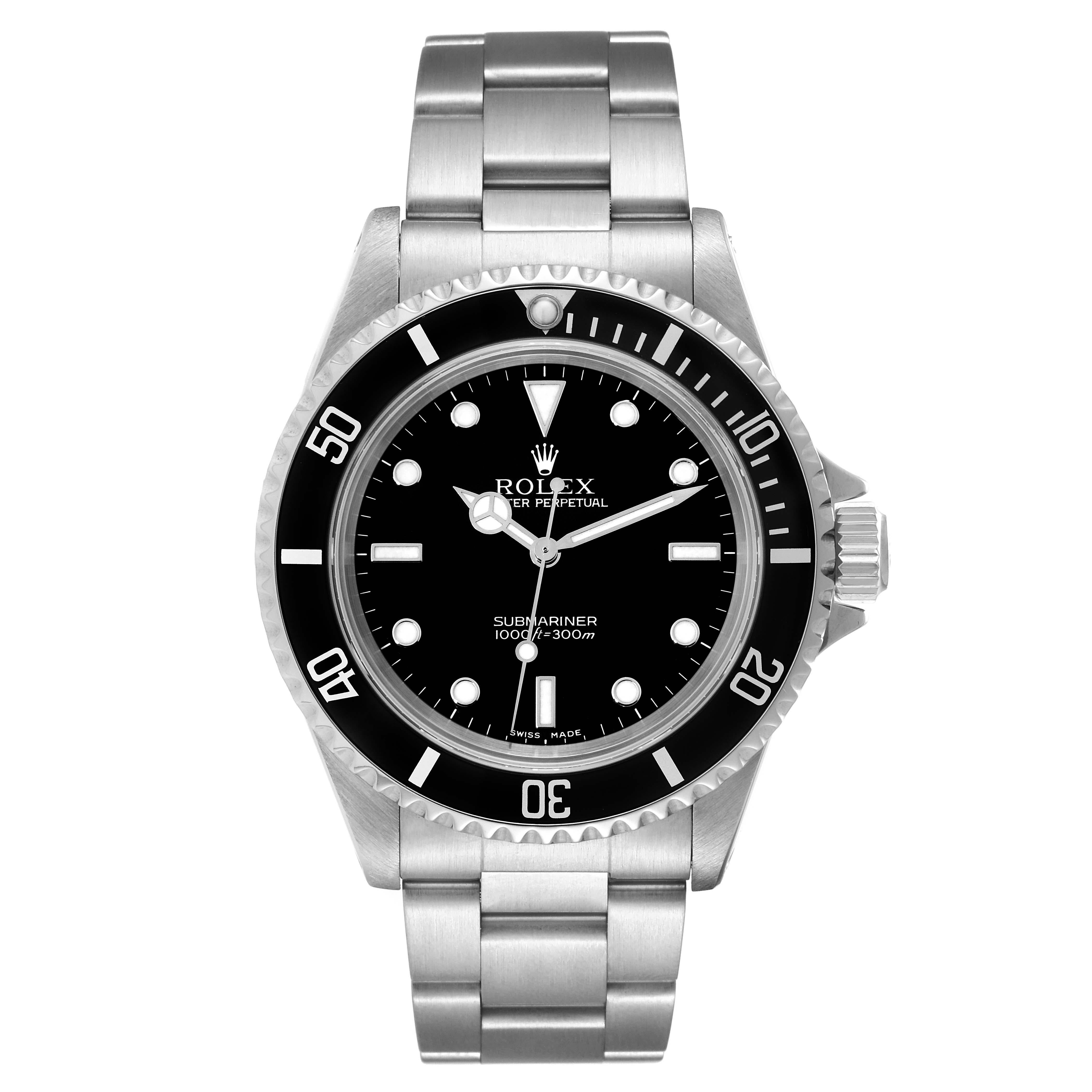 Rolex Submariner No Date 40mm 2 Liner Steel Mens Watch 14060 Box Papers. Officially certified chronometer automatic self-winding movement. Stainless steel case 40.0 mm in diameter. Rolex logo on the crown. Special time-lapse unidirectional rotating