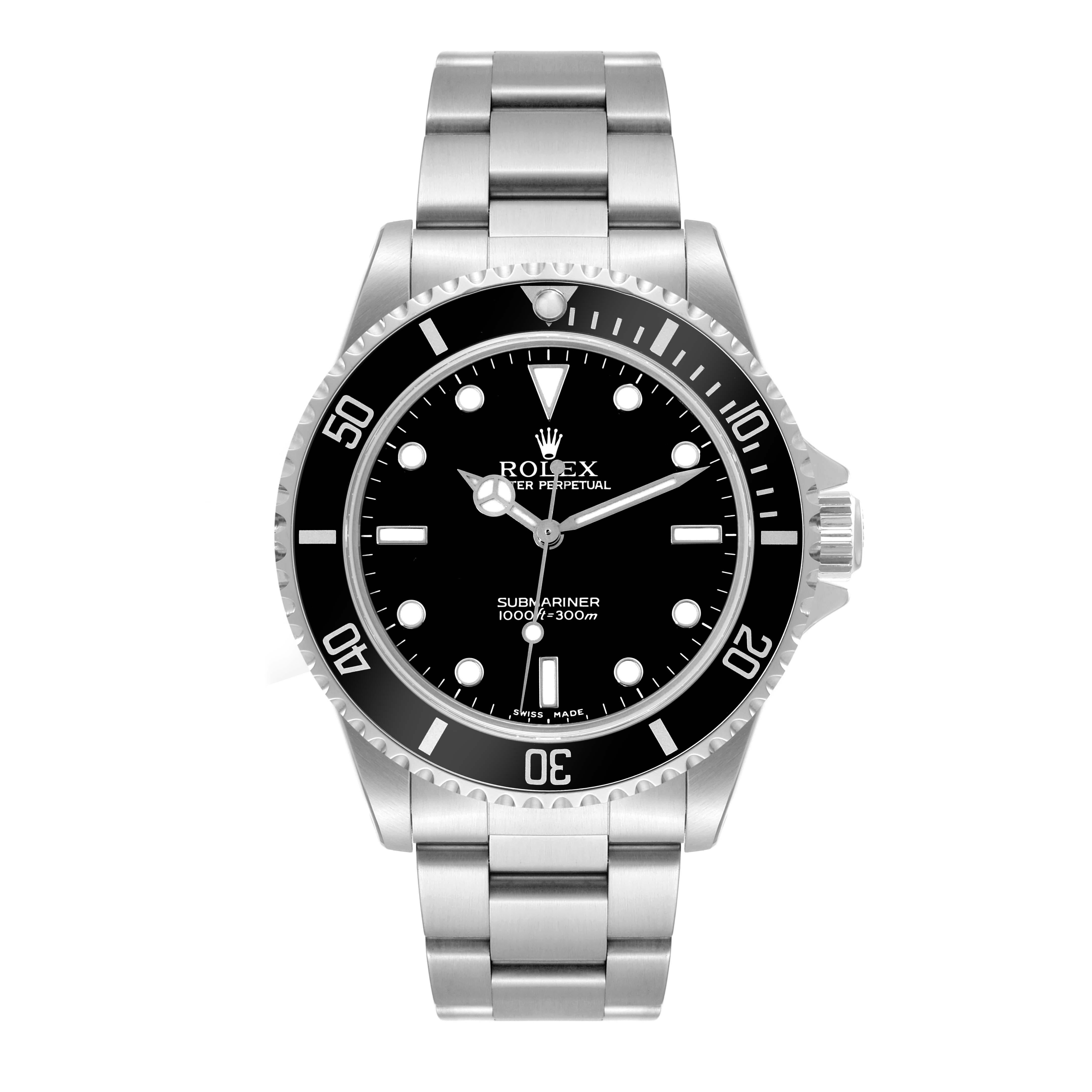 Rolex Submariner No Date 40mm 2 Liner Steel Mens Watch 14060 Box Papers. Officially certified chronometer automatic self-winding movement. Stainless steel case 40.0 mm in diameter. Rolex logo on the crown. Special time-lapse unidirectional rotating