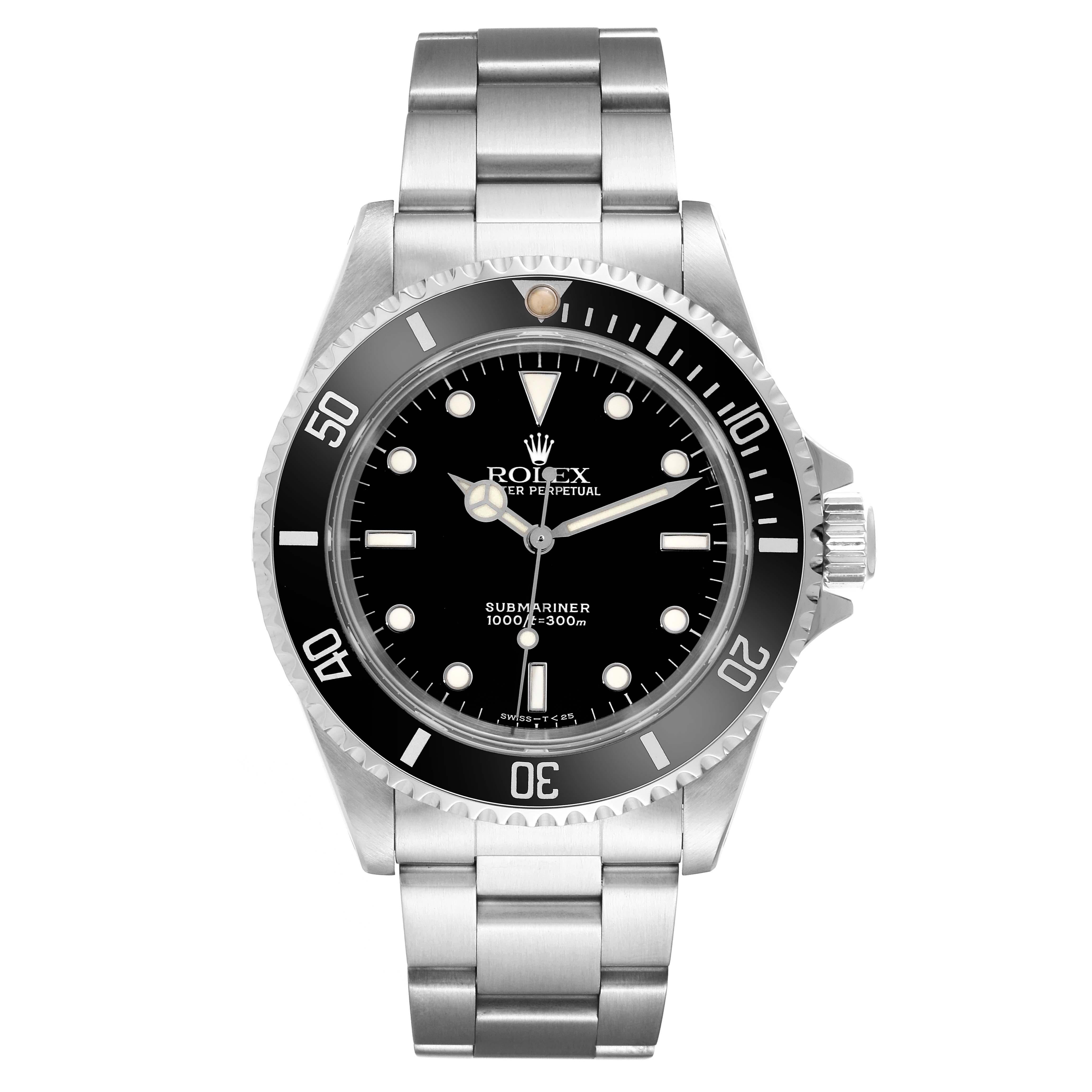 Rolex Submariner No Date 40mm 2 Liner Steel Mens Watch 14060 Box Papers. Officially certified chronometer automatic self-winding movement. Stainless steel case 40.0 mm in diameter. Rolex logo on the crown. Special time-lapse unidirectional rotating