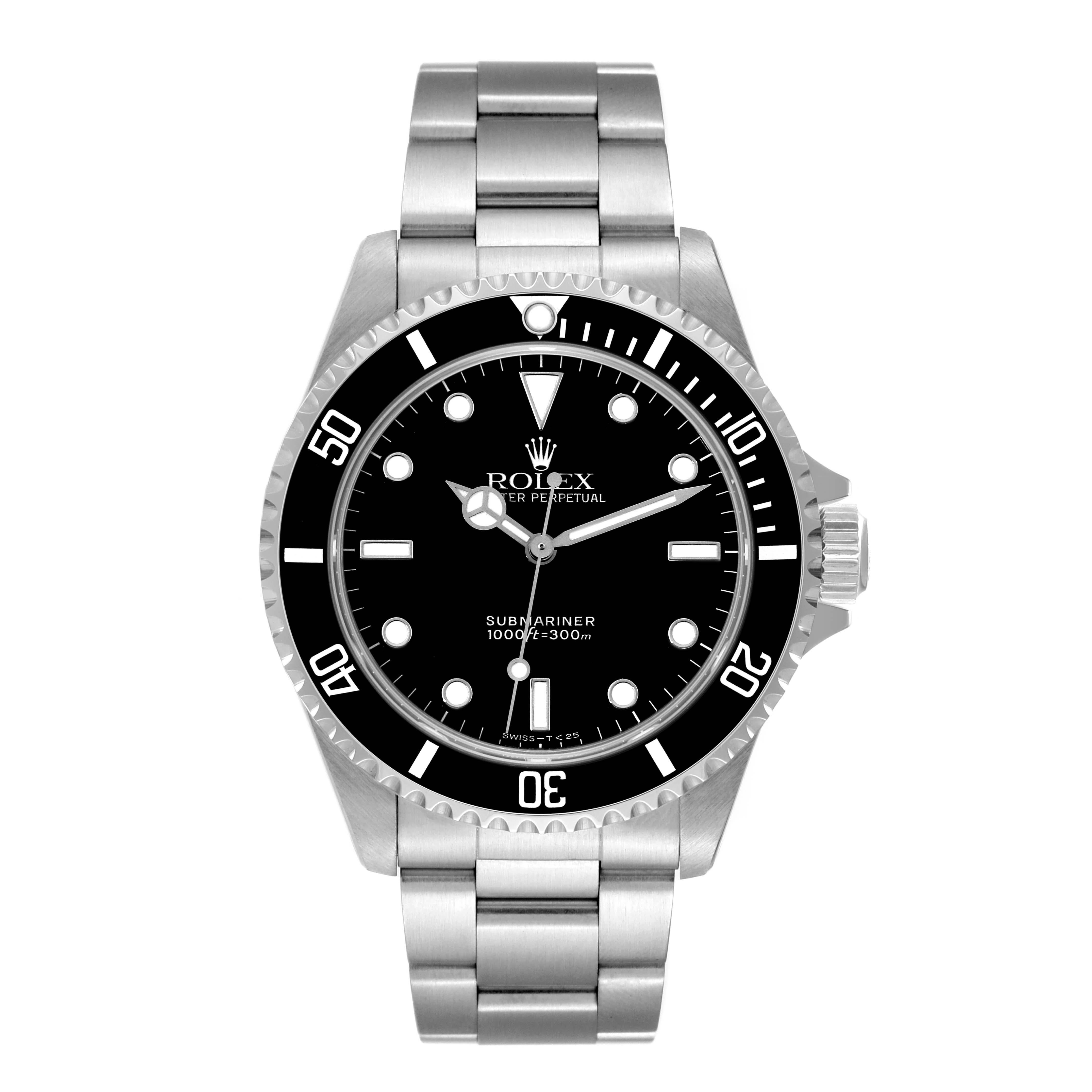 Rolex Submariner No Date 40mm 2 Liner Steel Mens Watch 14060. Officially certified chronometer automatic self-winding movement. Stainless steel case 40.0 mm in diameter. Rolex logo on the crown. Special time-lapse unidirectional rotating bezel.