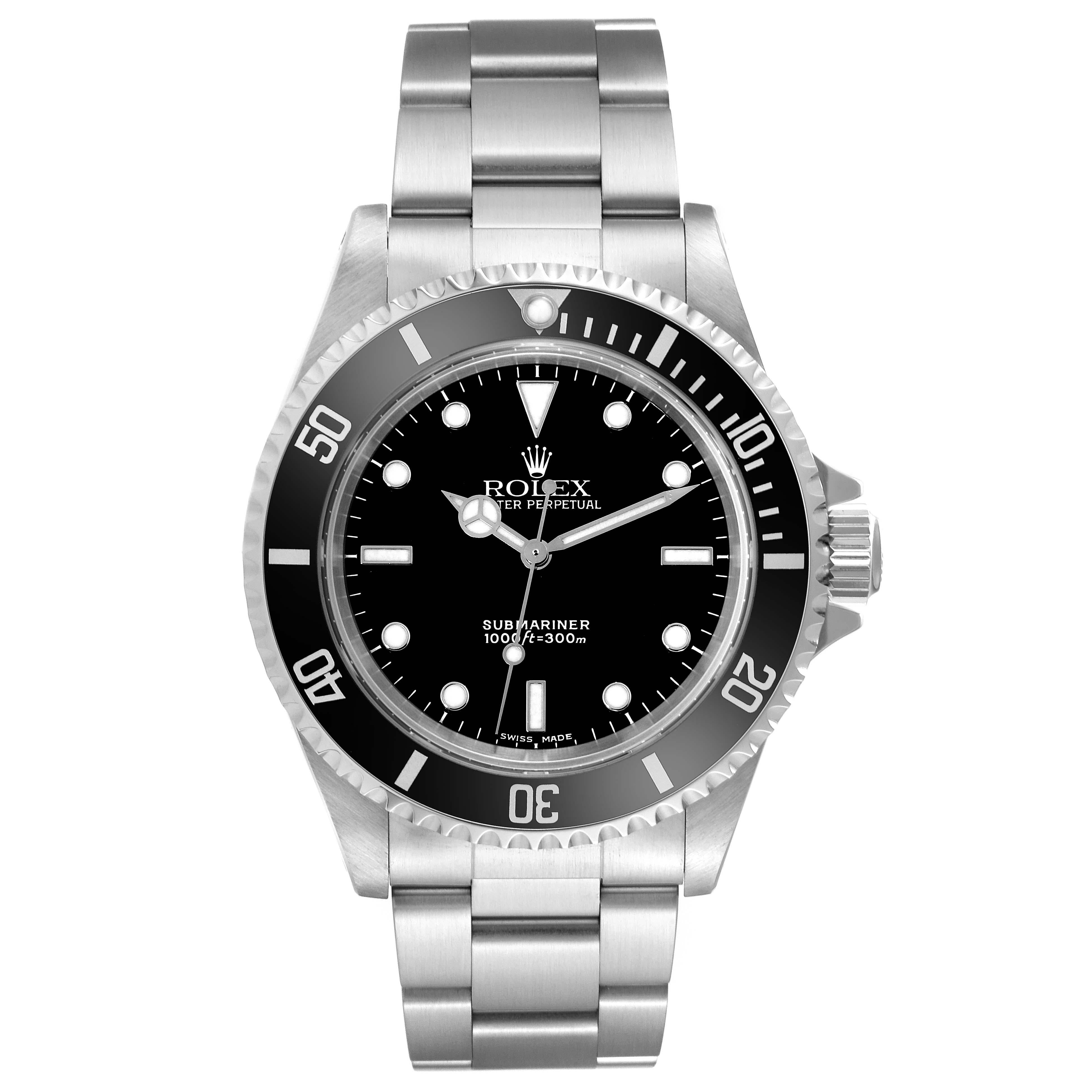 Rolex Submariner No Date 40mm 2 Liner Steel Mens Watch 14060. Officially certified chronometer automatic self-winding movement. Stainless steel case 40.0 mm in diameter. Rolex logo on the crown. Special time-lapse unidirectional rotating bezel.