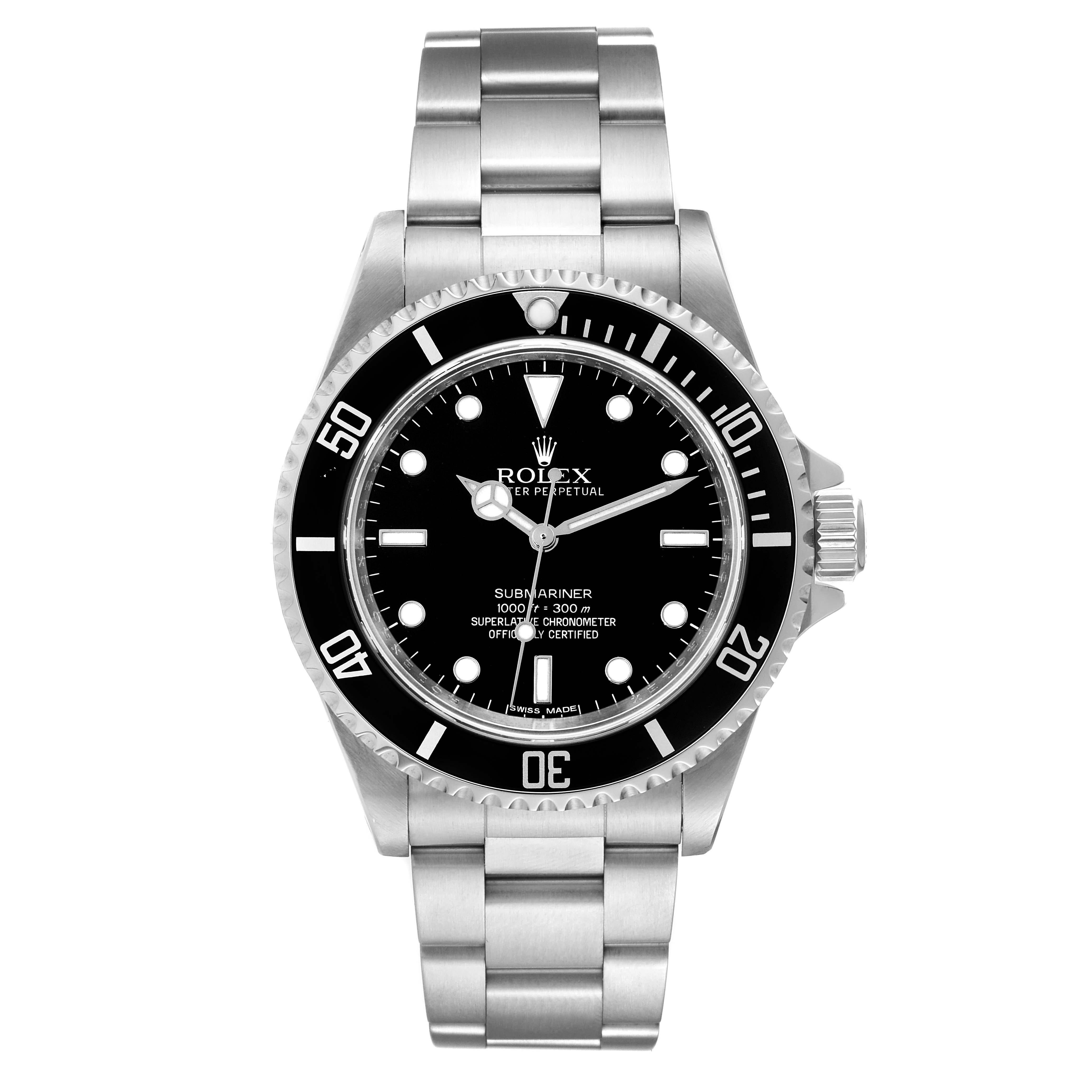 Rolex Submariner No Date 40mm 4 Liner Steel Mens Watch 14060 Box Card. Officially certified chronometer automatic self-winding movement. Stainless steel case 40.0 mm in diameter. Rolex logo on the crown. Special time-lapse unidirectional rotating
