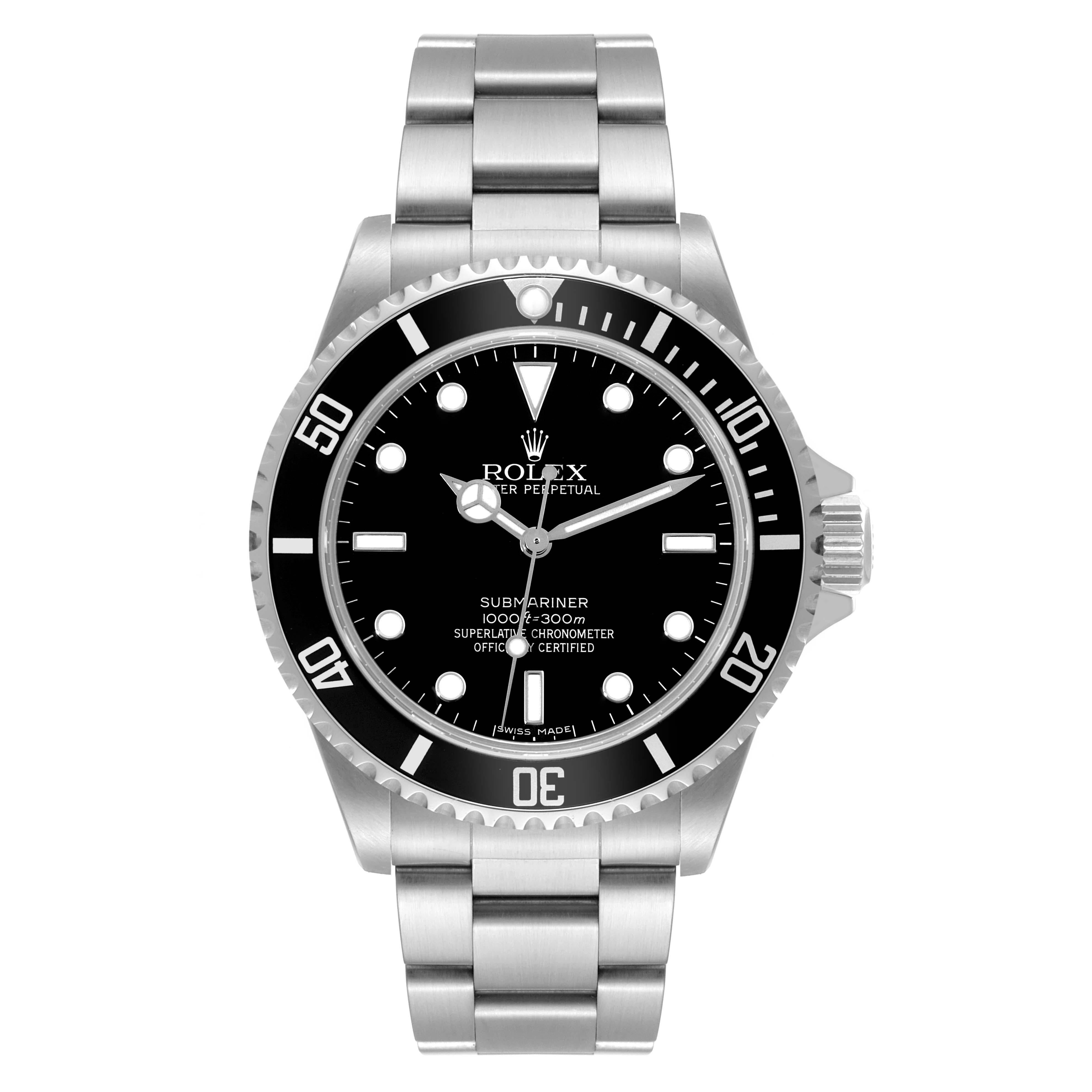 Rolex Submariner No Date 40mm 4 Liner Steel Mens Watch 14060 Box Card. Officially certified chronometer automatic self-winding movement. Stainless steel case 40.0 mm in diameter. Rolex logo on the crown. Special time-lapse unidirectional rotating