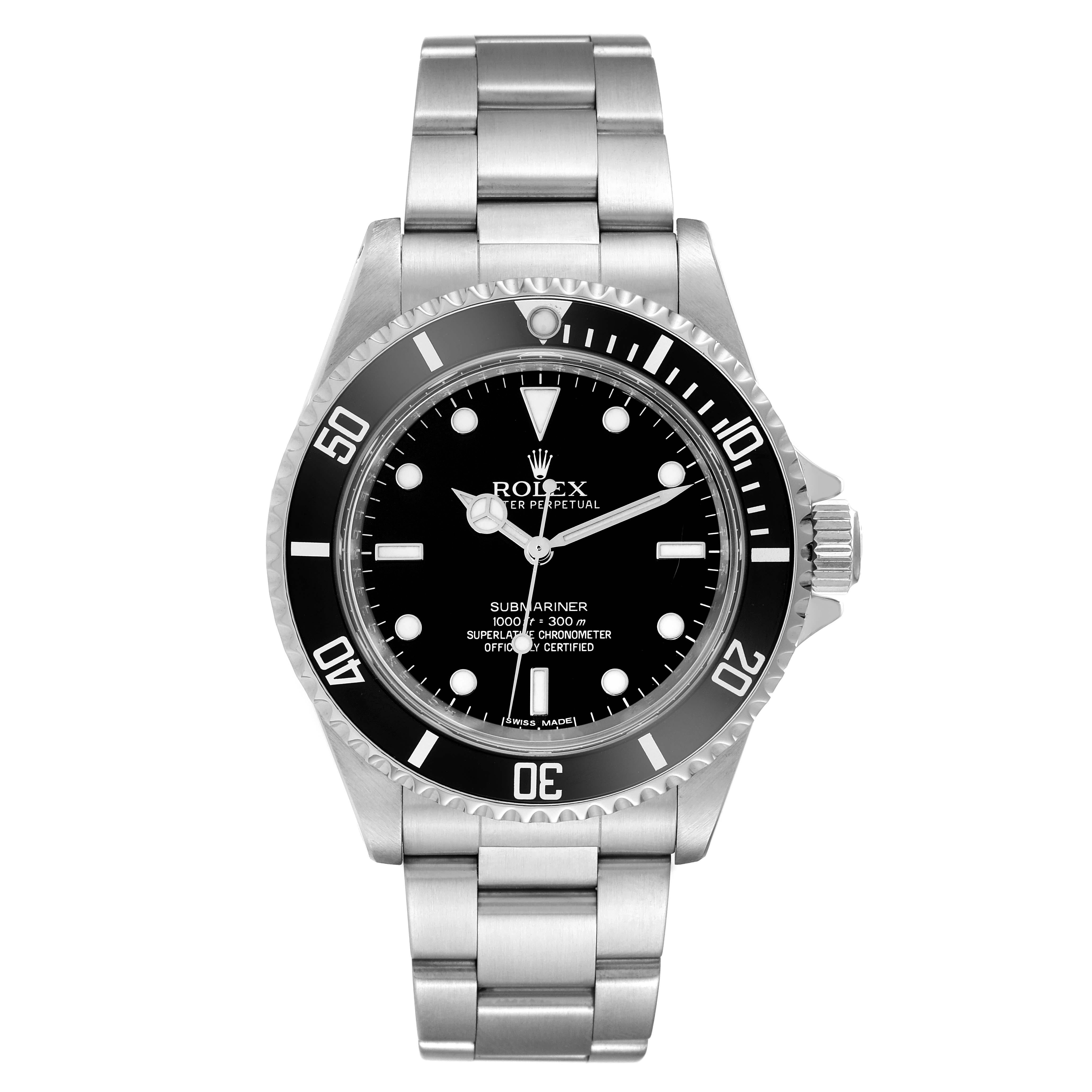 Rolex Submariner No Date 40mm 4 Liner Steel Mens Watch 14060 Box Card. Officially certified chronometer automatic self-winding movement. Stainless steel case 40.0 mm in diameter. Rolex logo on the crown. Special time-lapse unidirectional rotating