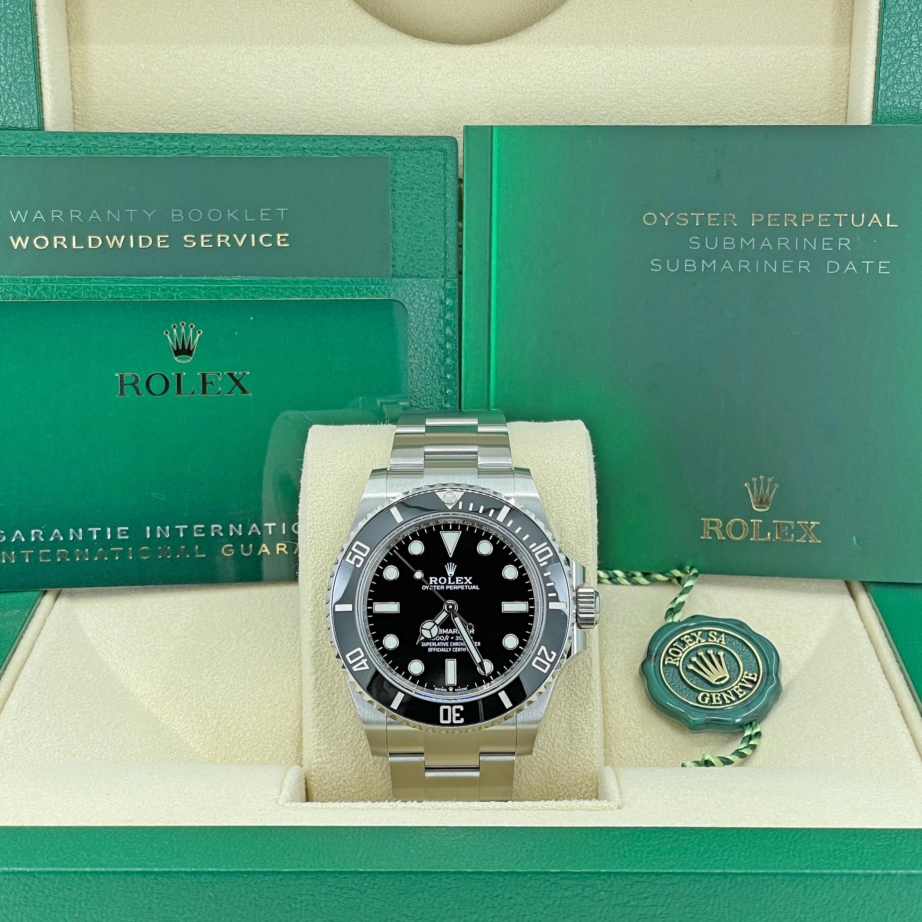 The watch is Unworn and Complete with the original Rolex Box and Rolex Warranty card dated 2022.

41mm Stainless Steel Rolex Oyster Perpetual Submariner with Black Dial and Black Ceramic Insert Uni-directional Rotating Bezel. The watch case is made