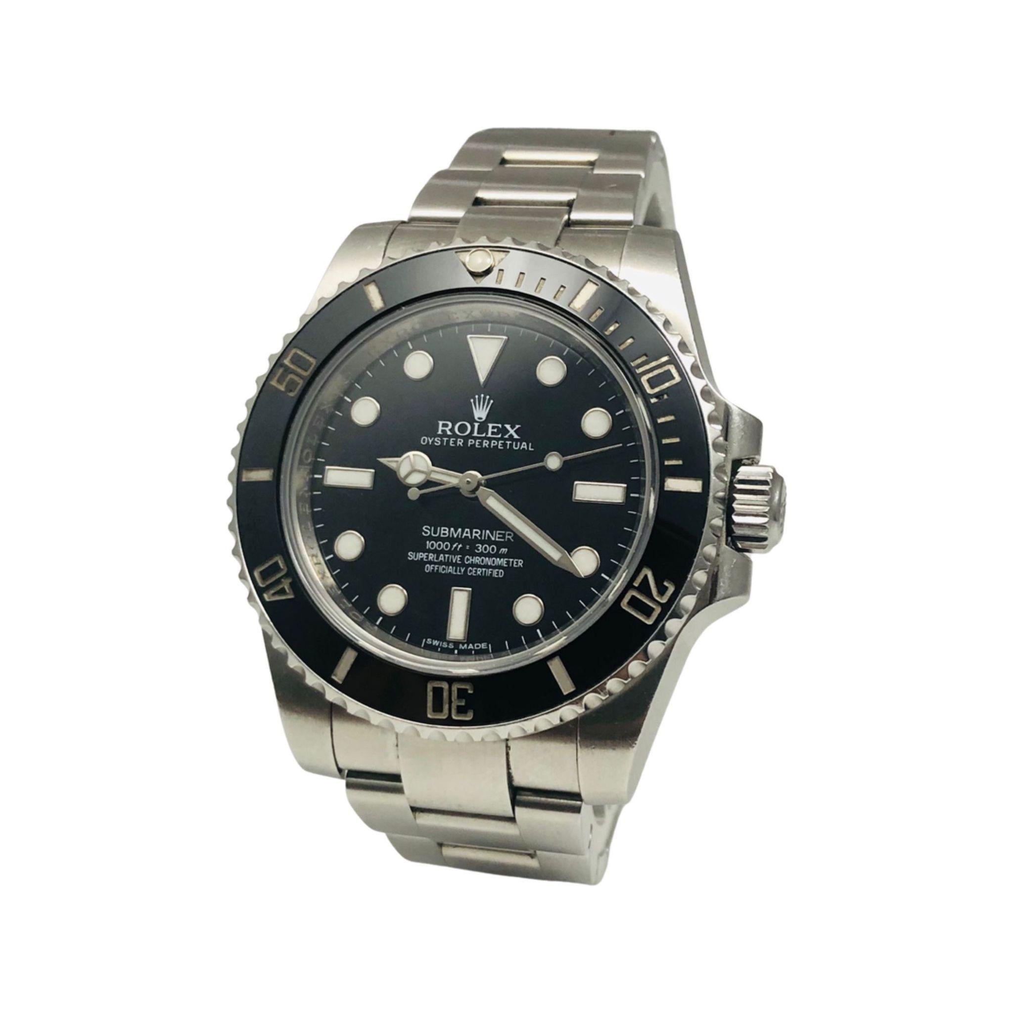ITEM SPECIFICATION:

Brand: Rolex

Model Name: Submariner

Model Number: 114060

Movement: Automatic

Case Size: 40 mm

Case Material: Stainless Steel

Dial: Black

Bracelet: Oyster

Hour Markers: Non-Numerical

Features: Hours, Minutes,