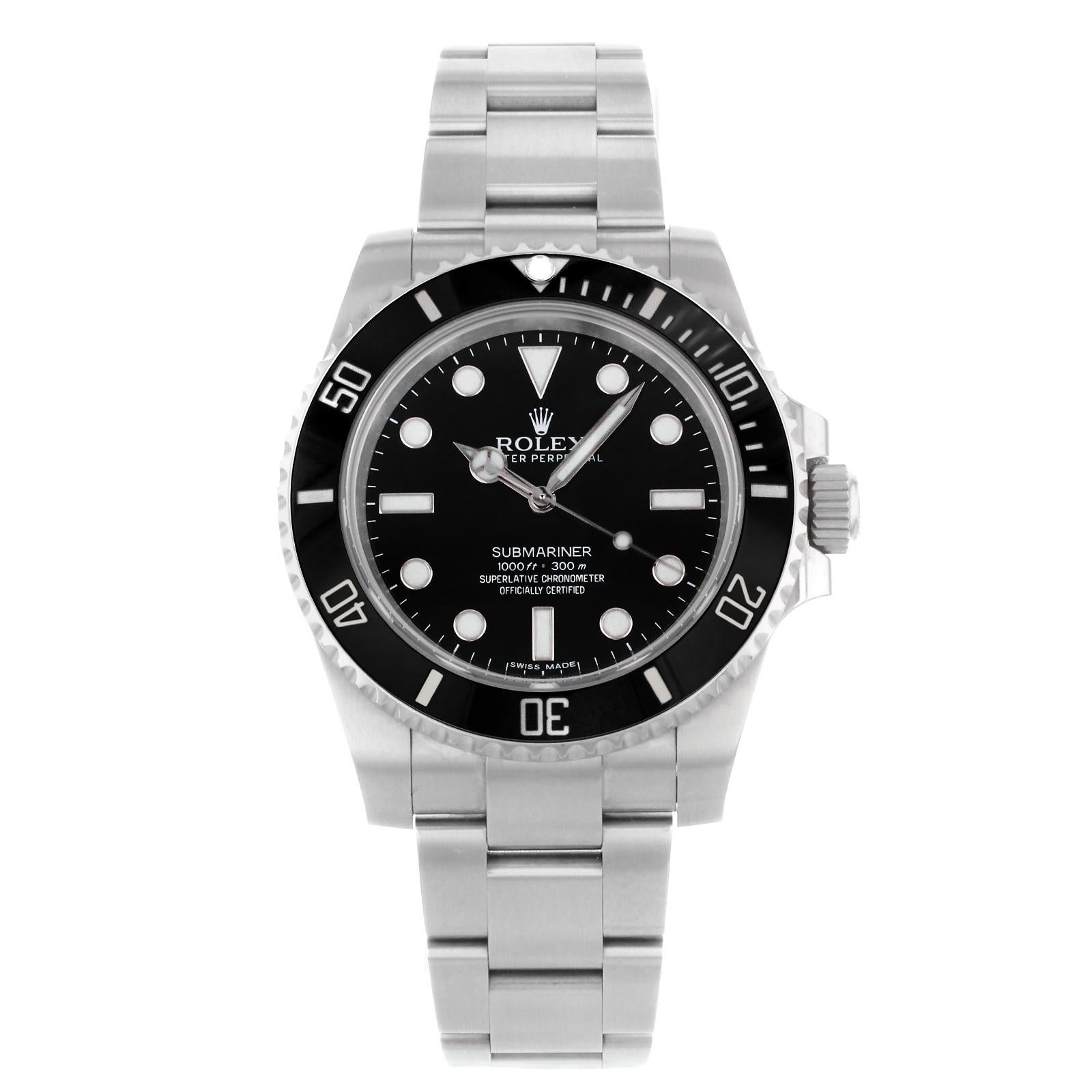 This pre-owned Rolex Submariner 114060  is a beautiful men's timepiece that is powered by a mechanical (automatic) movement which is cased in a stainless steel case. It has a round shape face, no features dial, and has hand sticks & dots style