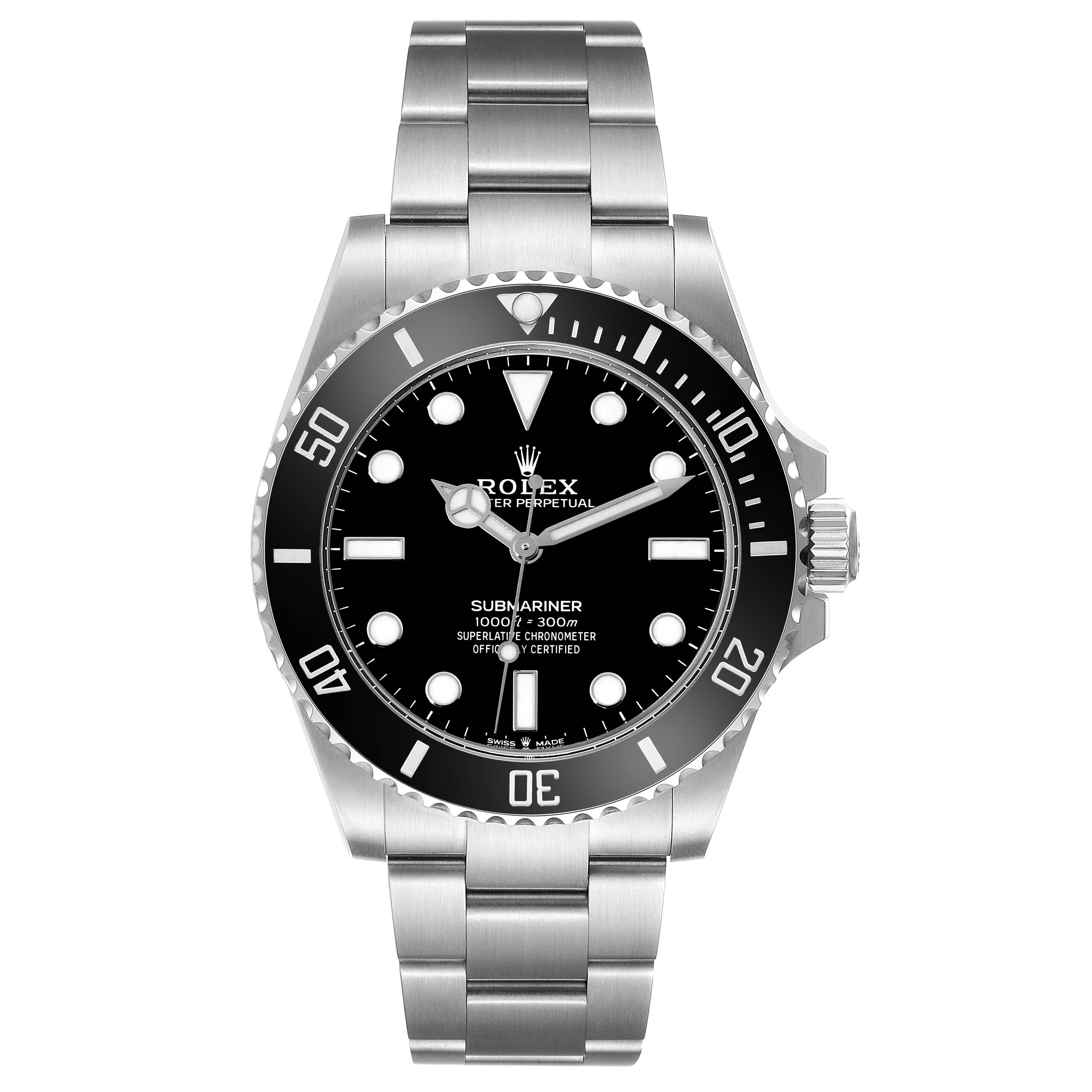 Rolex Submariner Non-Date 4 Liner Ceramic Bezel Steel Mens Watch 124060 Box Card. Officially certified chronometer automatic self-winding movement. Stainless steel case 41.0 mm in diameter. Rolex logo on the crown. Special time-lapse unidirectional