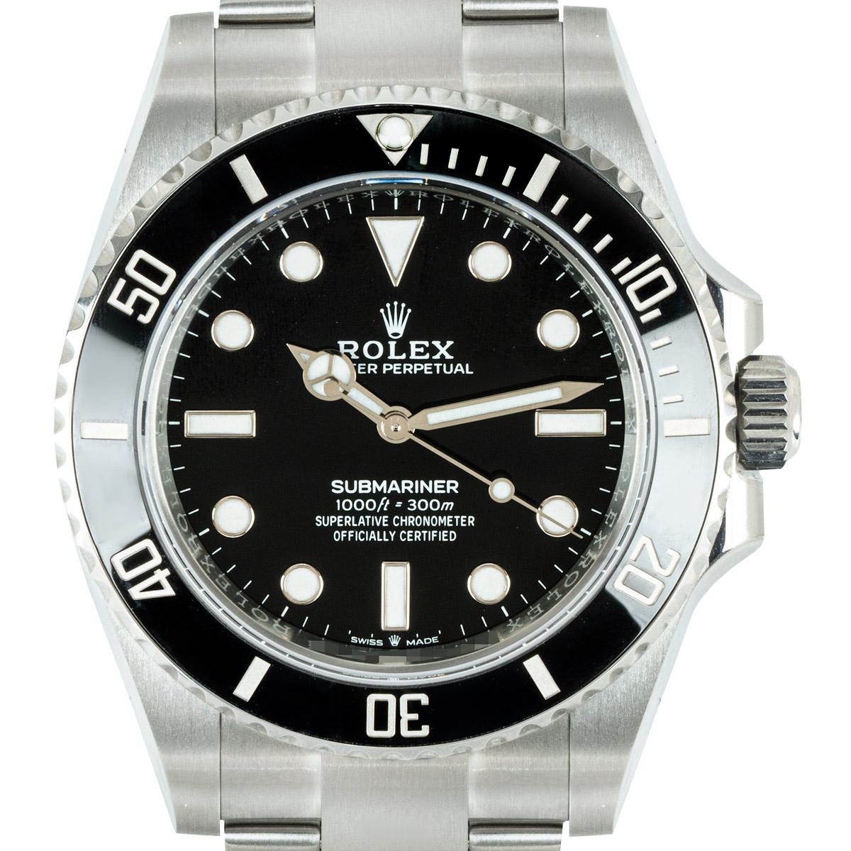 An unworn 41mm Submariner Non-Date, in Oystersteel by Rolex. Featuring a black dial and a black ceramic unidirectional rotatable bezel with 60-minute graduations coated in platinum.

The Oyster bracelet comes with the folding Oysterlock clasp which