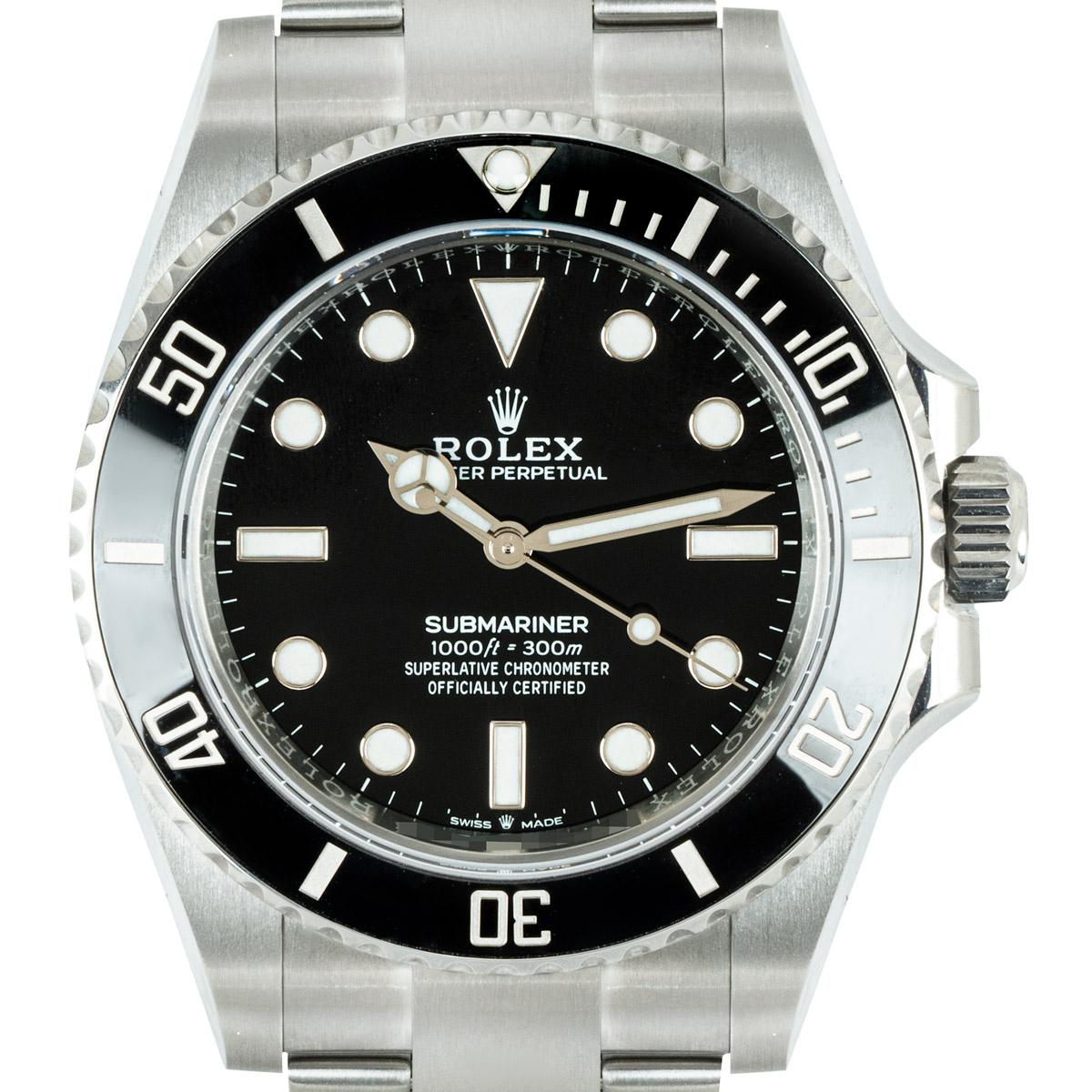 An unworn 41mm Non-Date Submariner in Oystersteel by Rolex. Featuring a black dial, complemented by a black ceramic unidirectional rotatable bezel with 60-minute graduations coated in platinum.

The Oyster bracelet features the folding Oysterlock