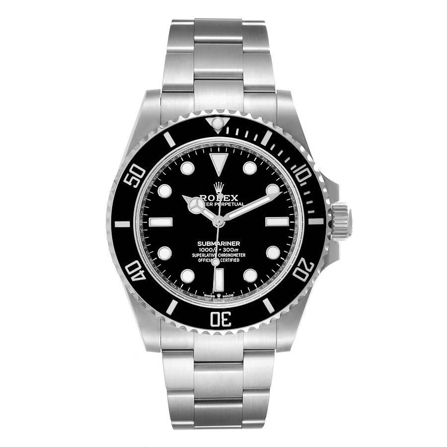 Rolex Submariner Non-Date Ceramic Bezel Steel Mens Watch 124060 Box Card. Mouvement automatique à remontage automatique, officiellement certifié chronomètre. Boîtier en acier inoxydable de 41.0 mm de diamètre. Logo Rolex sur la couronne. Lunette