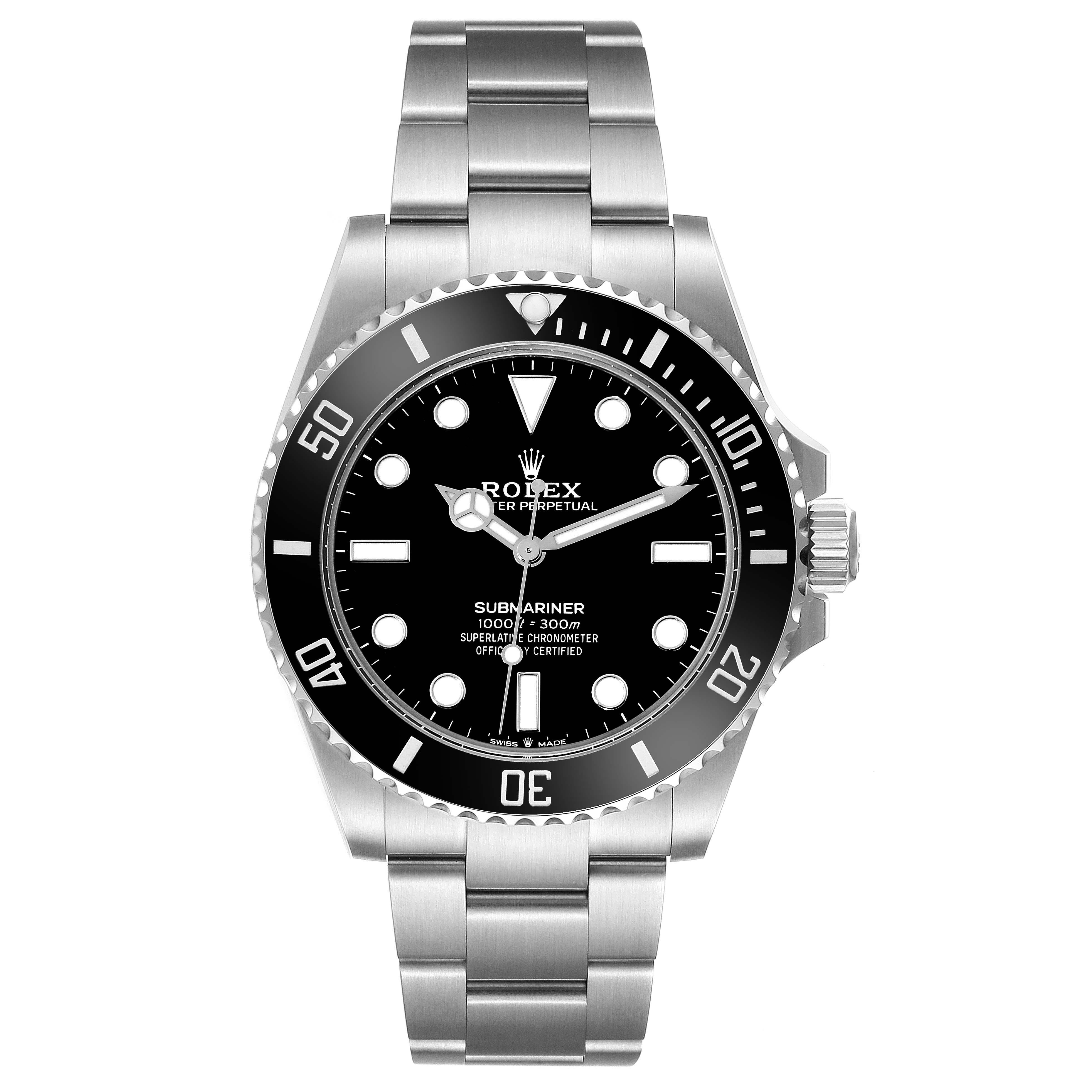 Rolex Submariner Non-Date Ceramic Bezel Steel Mens Watch 124060 Box Card. Officially certified chronometer automatic self-winding movement. Stainless steel case 41.0 mm in diameter. Rolex logo on the crown. Special time-lapse unidirectional rotating