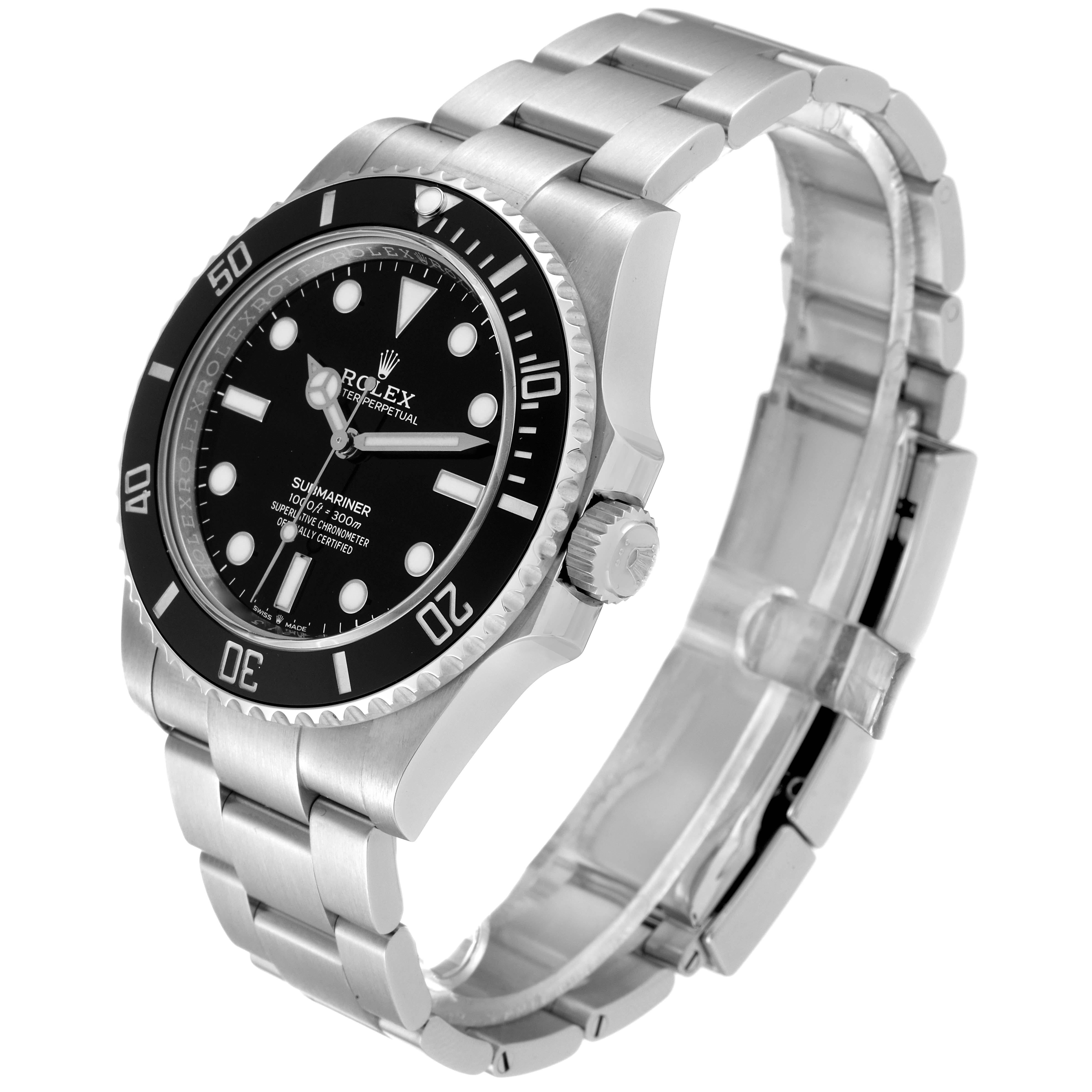 Rolex Submariner Non-Date Ceramic Bezel Steel Mens Watch 124060 Box Card. Officially certified chronometer automatic self-winding movement. Stainless steel case 41.0 mm in diameter. Rolex logo on the crown. Special time-lapse unidirectional rotating