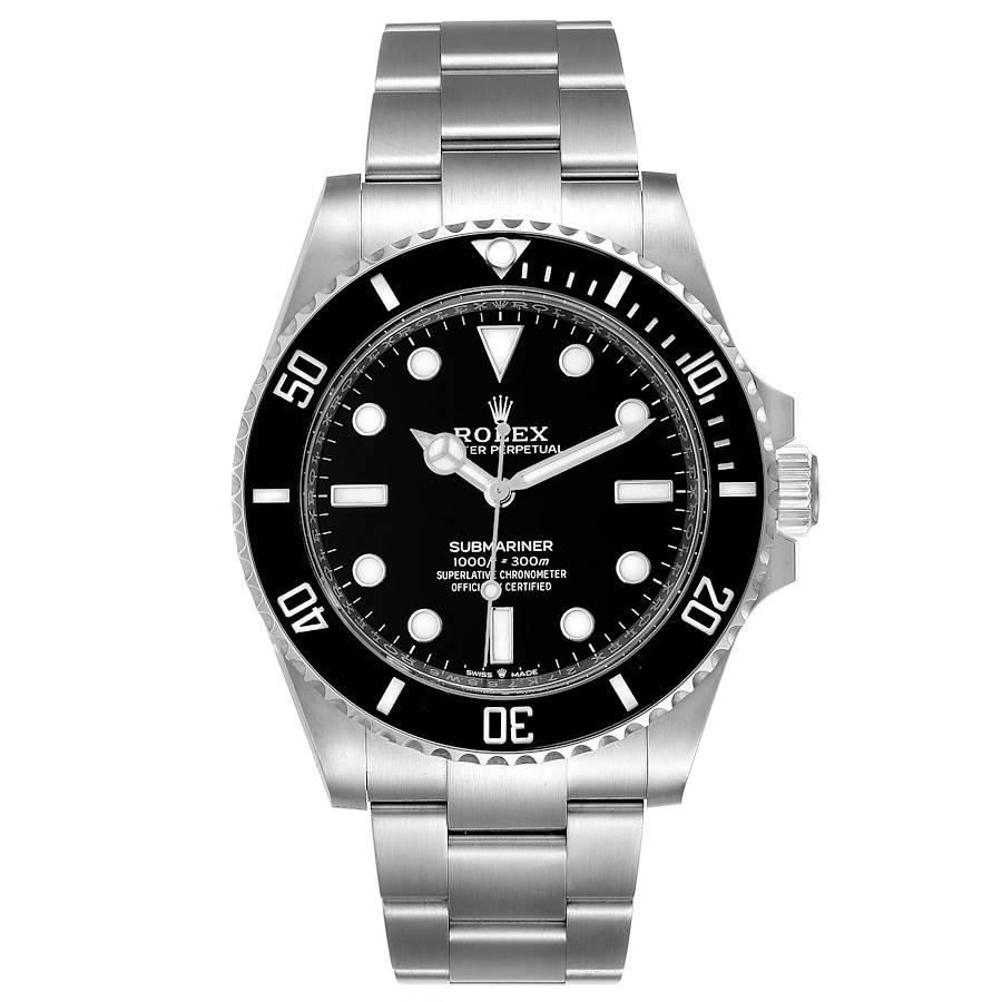 Rolex Submariner Non-Date Ceramic Bezel Steel Mens Watch 124060 Unworn. Officially certified chronometer self-winding movement. Stainless steel case 41.0 mm in diameter. Rolex logo on a crown. Special time-lapse unidirectional rotating Cerachrom