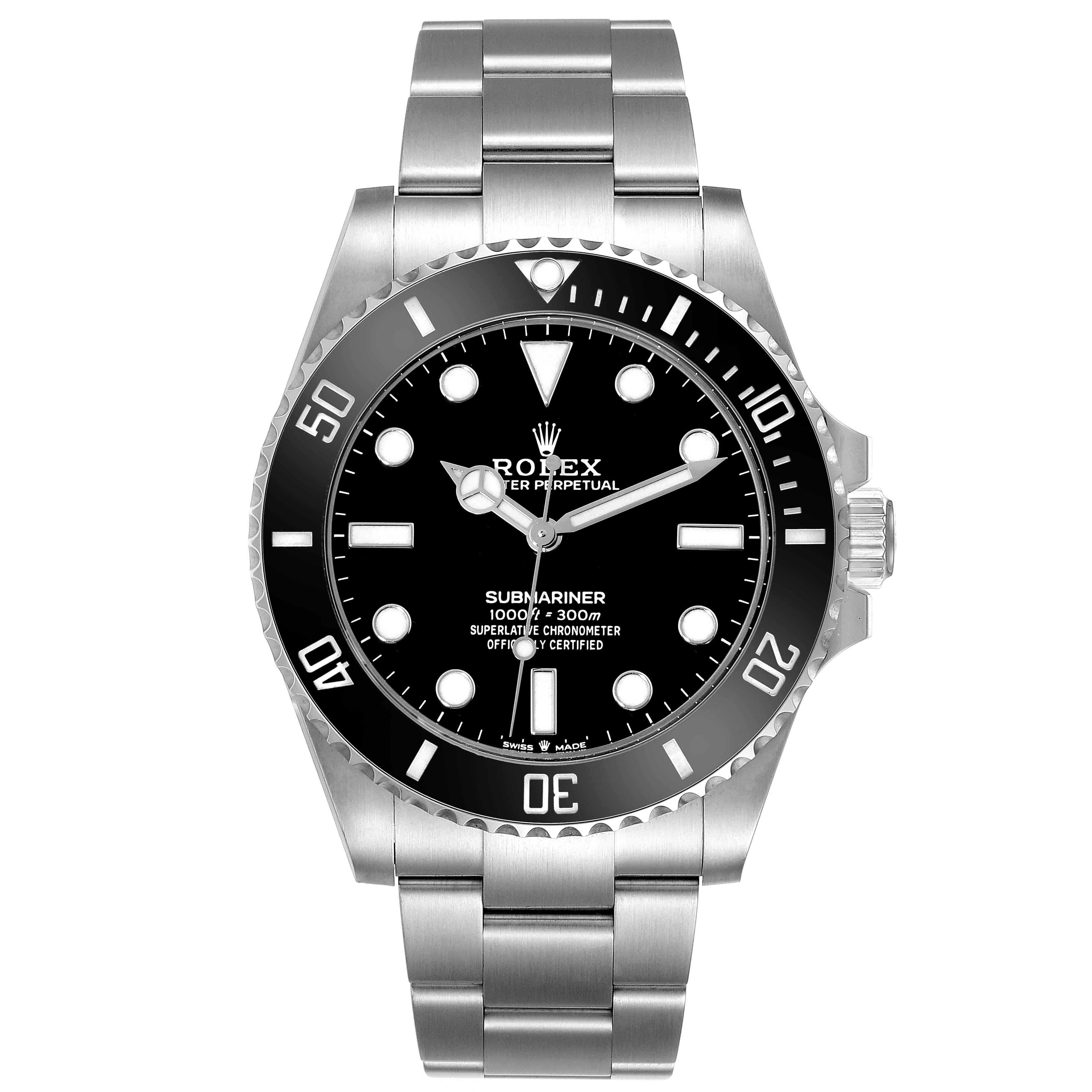 Rolex Submariner Non-Date Ceramic Bezel Steel Mens Watch 124060 Unworn. Mouvement automatique à remontage automatique, officiellement certifié chronomètre. Boîtier en acier inoxydable de 41.0 mm de diamètre. Logo Rolex sur la couronne. Lunette