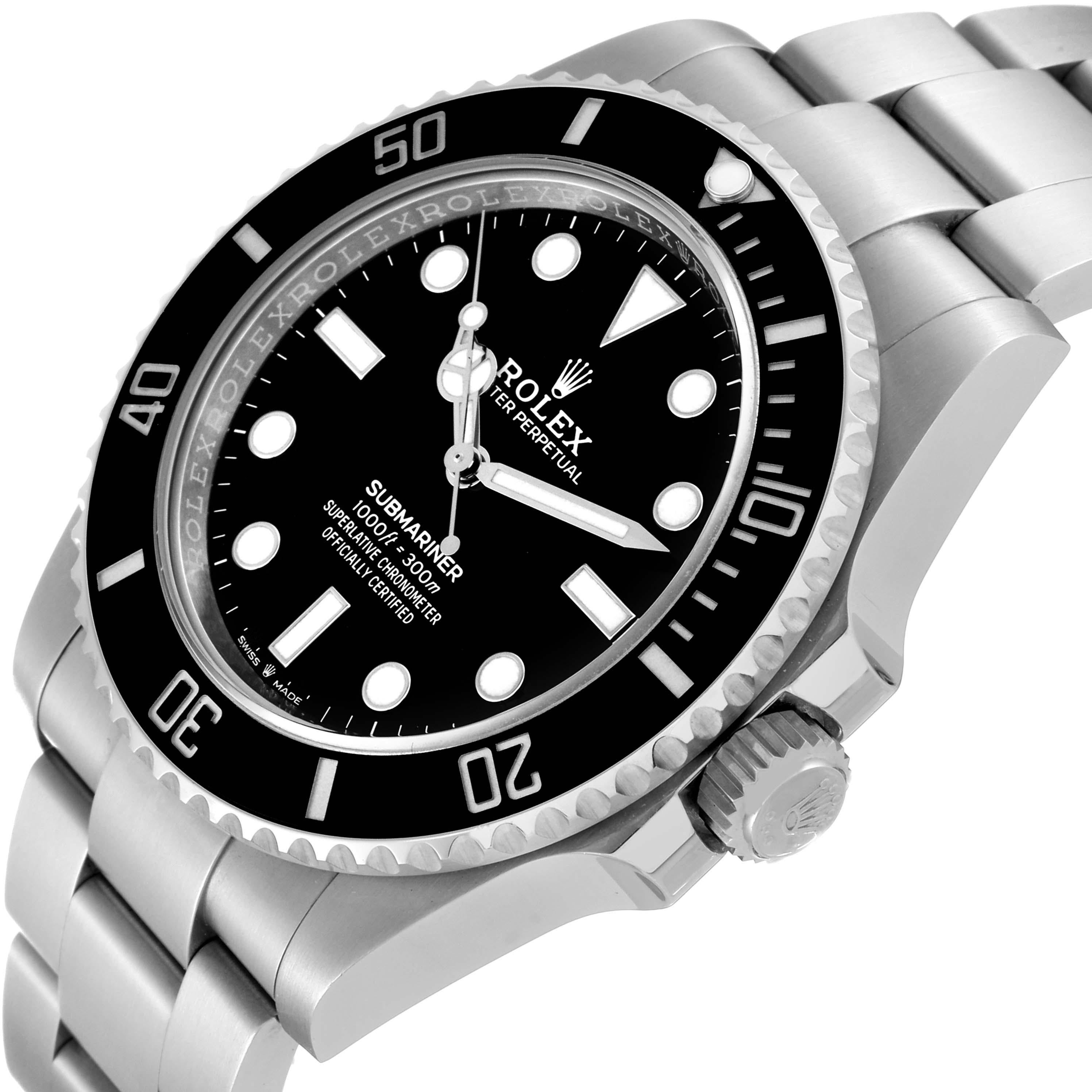 Rolex Submariner Non-Date Ceramic Bezel Steel Mens Watch 124060 Unworn. Officially certified chronometer automatic self-winding movement. Stainless steel case 41.0 mm in diameter. Rolex logo on the crown. Special time-lapse unidirectional rotating