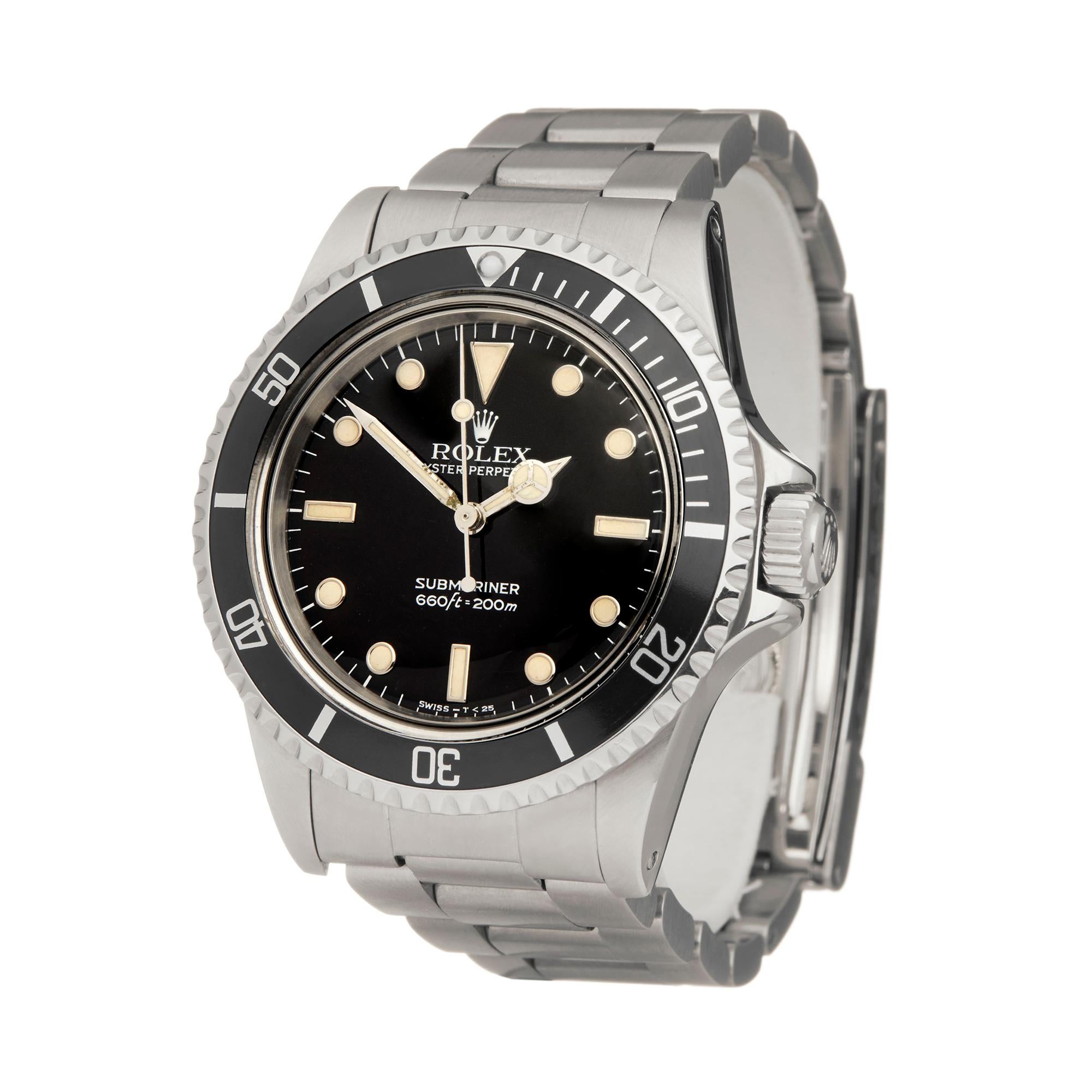 Reference: W6052
Manufacturer: Rolex
Model: Submariner
Model Reference: 5513
Age: Circa 1984
Gender: Men's
Box and Papers: Box only
Dial: Black
Glass: Plexiglass
Movement: Automatic
Water Resistance: To Manufacturers Specifications
Case: Stainless