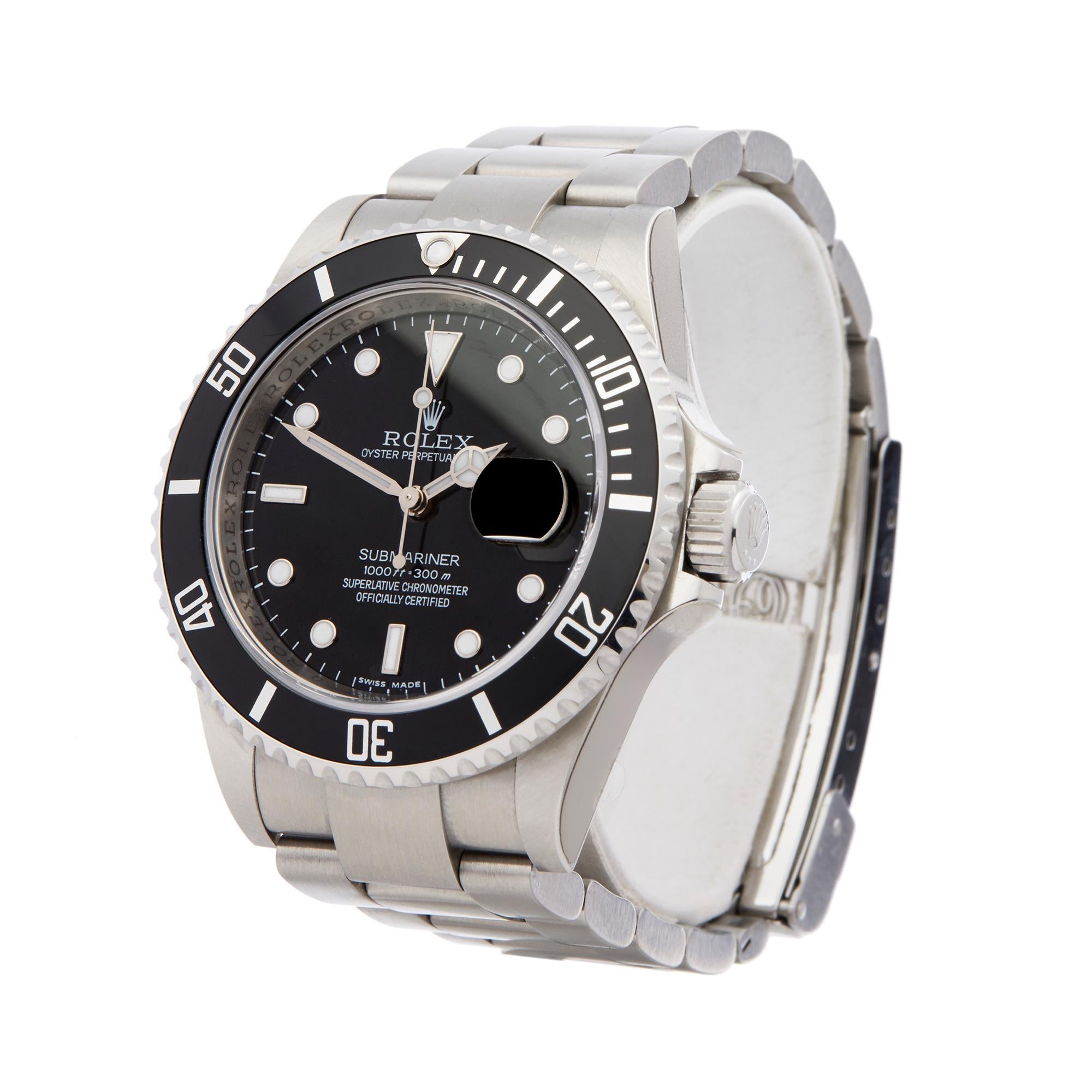 Reference: W6101
Manufacturer: Rolex
Model: Submariner
Model Number: 16610
Age: 8th May 2010
Gender: Men's
Box and Papers: Box, Manuals and Guarantee
Dial: Black
Glass: Sapphire Crystal
Movement: Automatic
Water Resistance: To Manufacturers