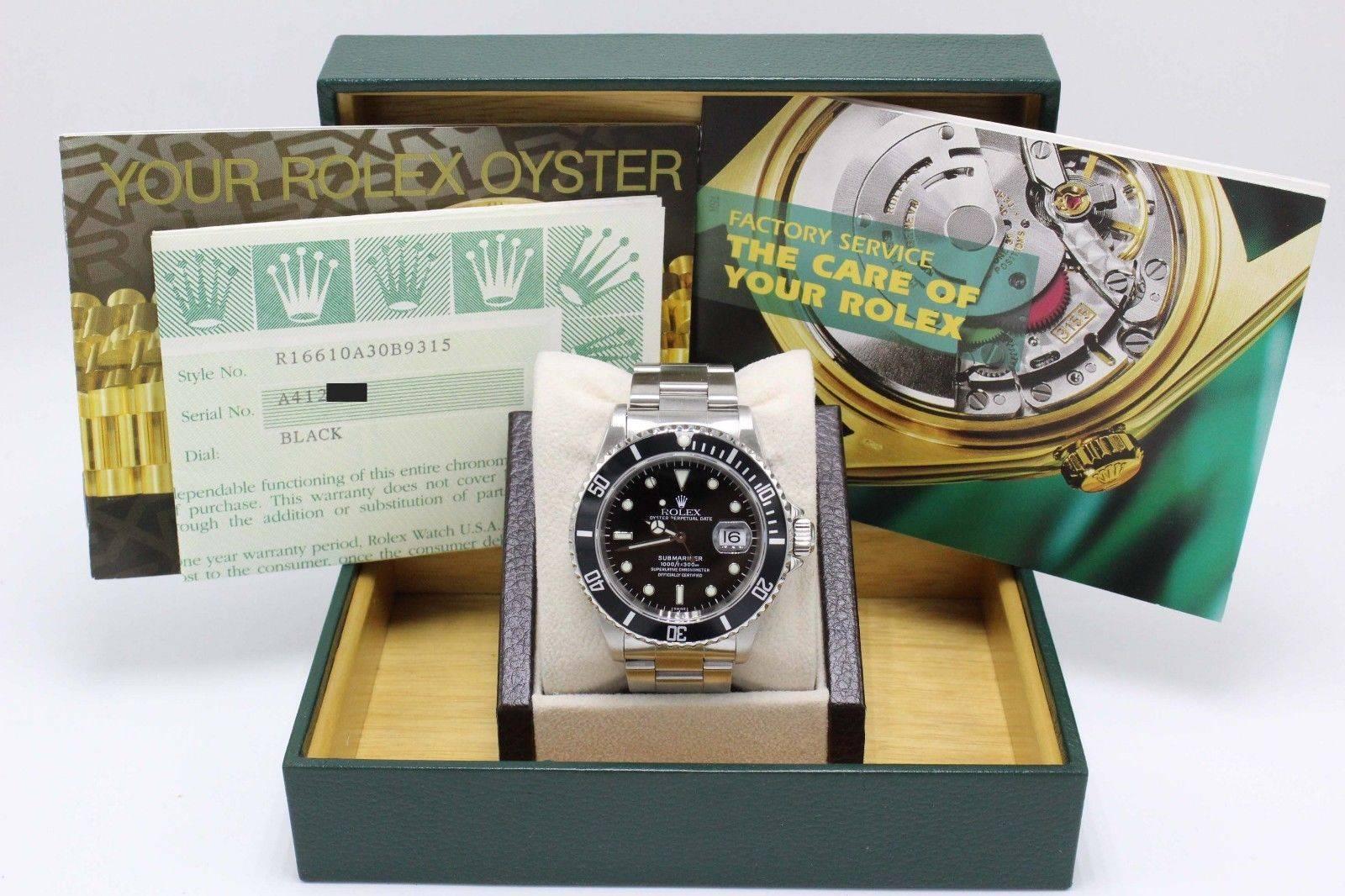 Style Number: 16610
Serial: A412***
Model: Submariner
Case Material: Stainless Steel 
Band: Stainless Steel
Bezel: Black
Dial: Black
Face: Sapphire Crystal
Case Size: 40mm 

Includes: 
-Rolex Box and Papers 
-Certified Appraisal 
-6 Month