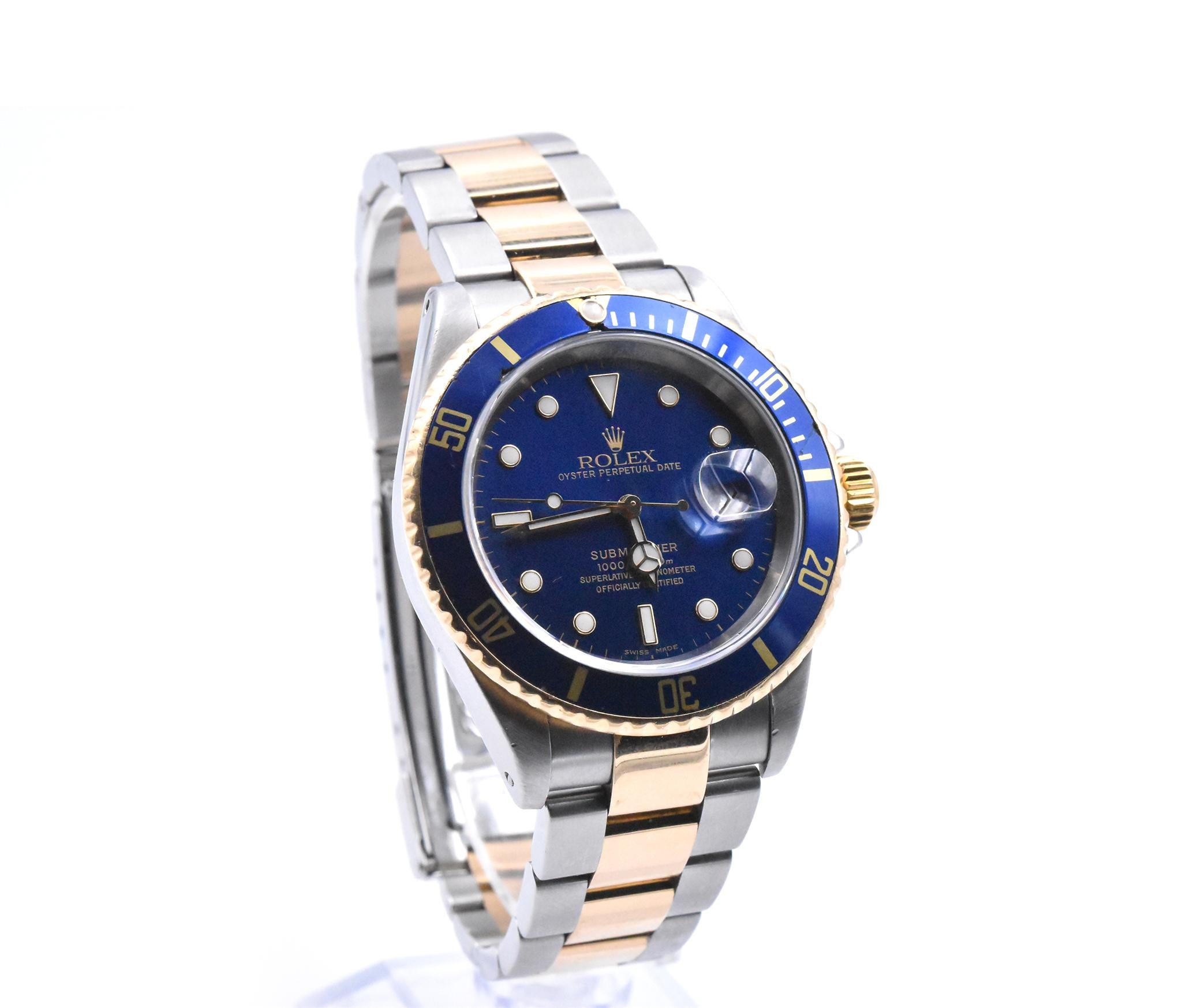 Rolex Submariner Two-Tone Blue Dial Watch Ref 16613

Movement: automatic 
Function: hours, minutes, seconds, date
Case: 40mm 18k yellow gold and stainless-steel case, sapphire crystal, 18k yellow gold bezel with blue insert, yellow gold screw-down