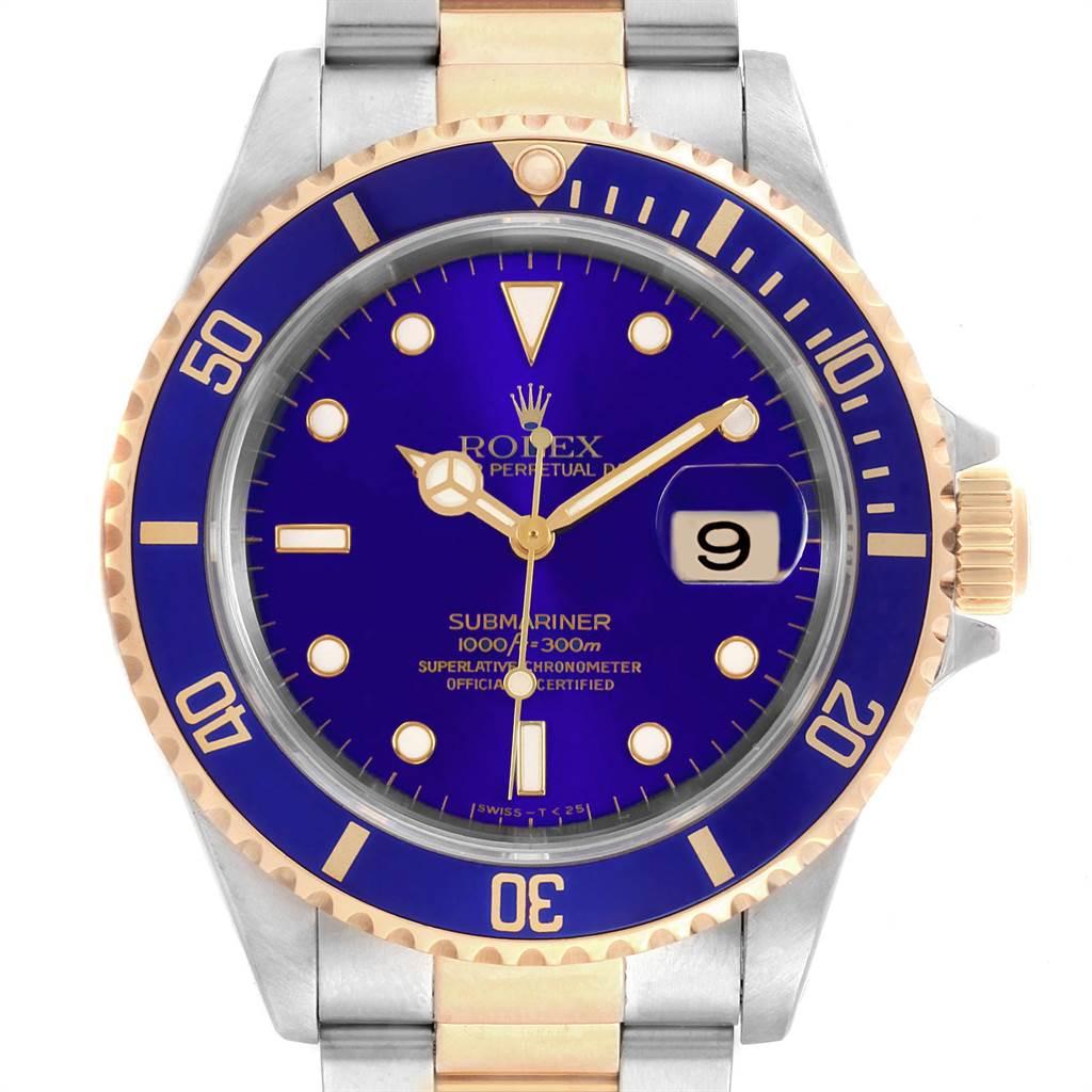 Rolex Submariner Purple Blue Dial Steel Yellow Gold Mens Watch 16613. Officially certified chronometer self-winding movement. Stainless steel and 18k yellow gold case 40 mm in diameter. Rolex logo on a crown. Blue insert special time-lapse