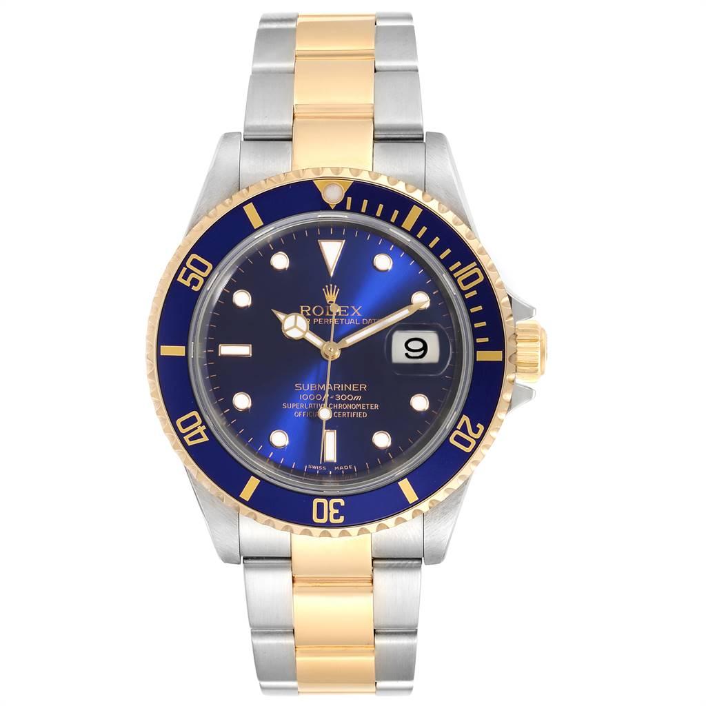 Rolex Submariner Purple Blue Dial Steel Yellow Gold Mens Watch 16613. Officially certified chronometer self-winding movement. Stainless steel and 18k yellow gold case 40 mm in diameter. Rolex logo on a crown. Blue insert special time-lapse