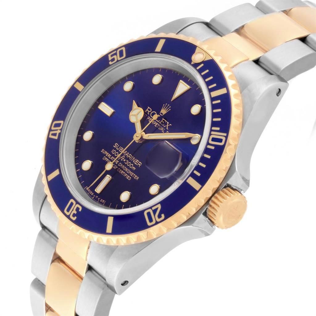 Rolex Submariner Purple Blue Dial Steel Yellow Gold Men's Watch 16613 In Excellent Condition For Sale In Atlanta, GA