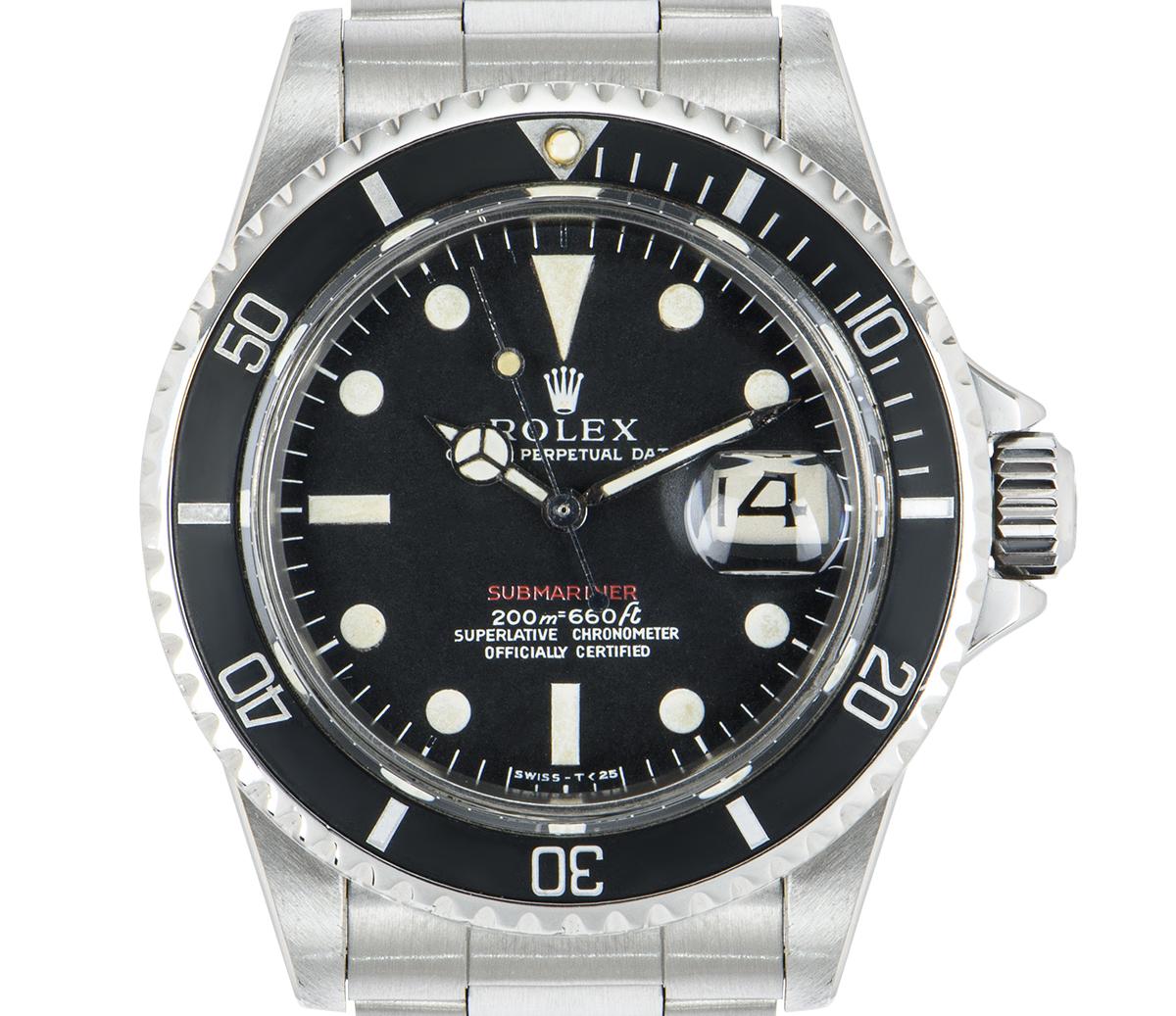 A 40 mm rare vintage Submariner Date in stainless steel by Rolex. The 1680 was the third Submariner produced by Rolex. Featuring a matte black Mark I dial distinguished by the 200m coming before the 660 ft which has closed 6's. The black