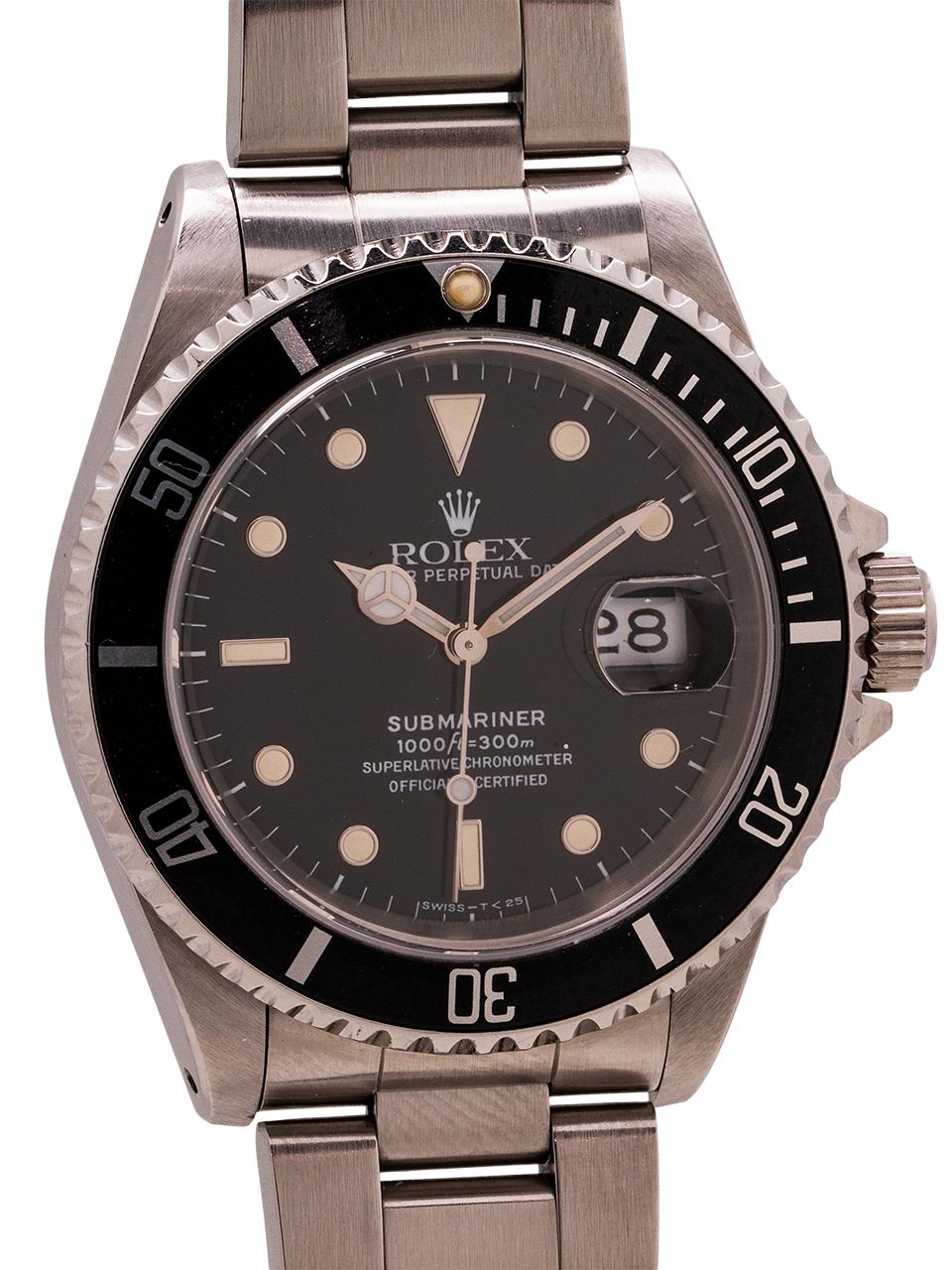 
A great looking circa 1990 Rolex Submariner ref# 16610 with lightly patina’d luminous tritium indexes, matching patina’d tritium hands, and matching lightly patina’d pearl. Featuring a sapphire crystal, quick set caliber 3135 movement,