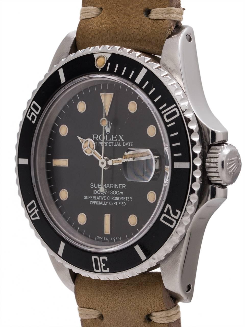 
Rolex Submariner ref 16800 transitional model serial# 9.3 million circa 1986 with glossy black dial with richly patina’d luminous indexes, hands, and pearl. This is the popular transitional model with sapphire crystal, quickset date calibre 3035