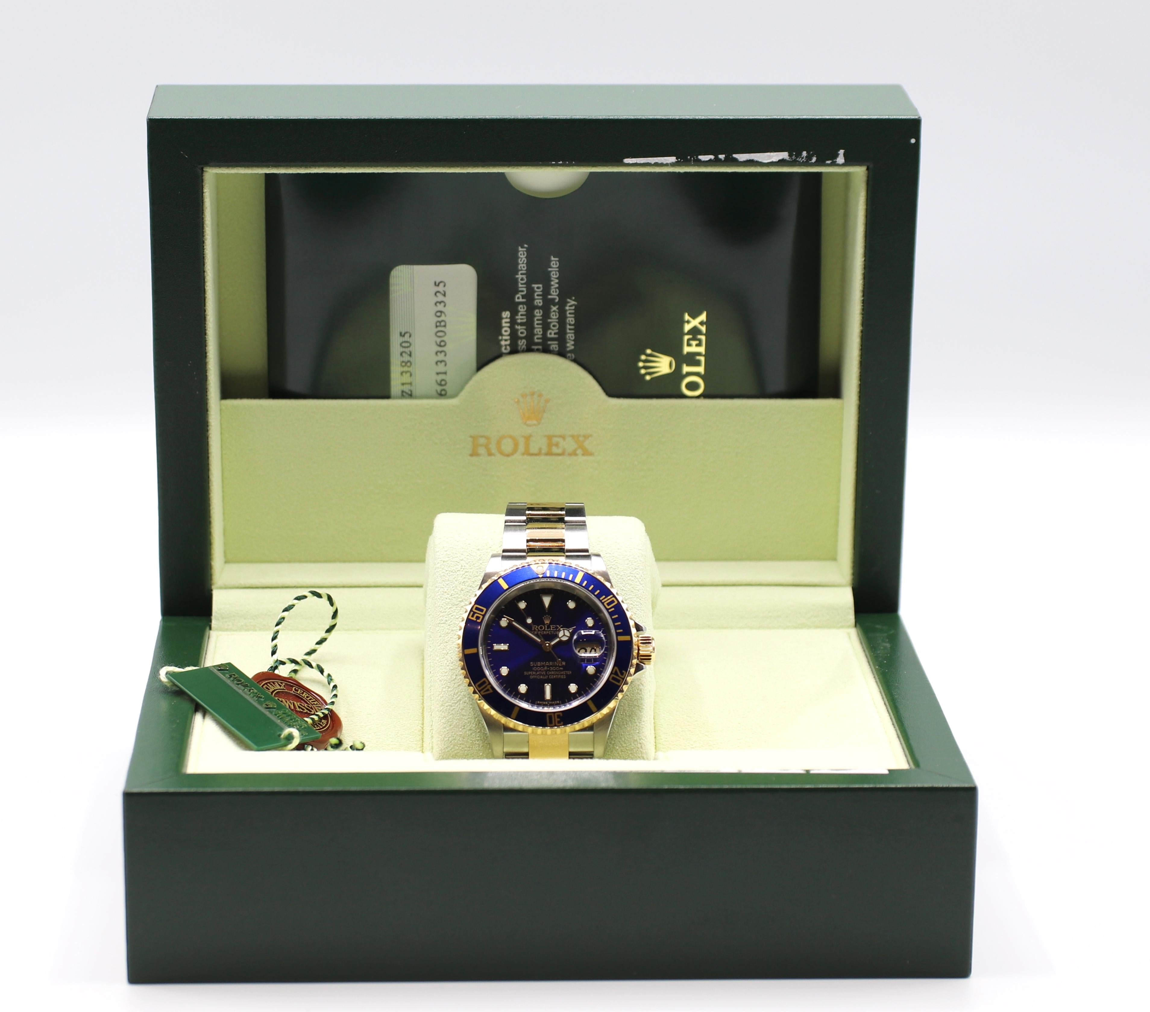 Women's or Men's Rolex Submariner Reference 16613 Two-Tone Gold Stainless Blue Dial/Bezel Watch