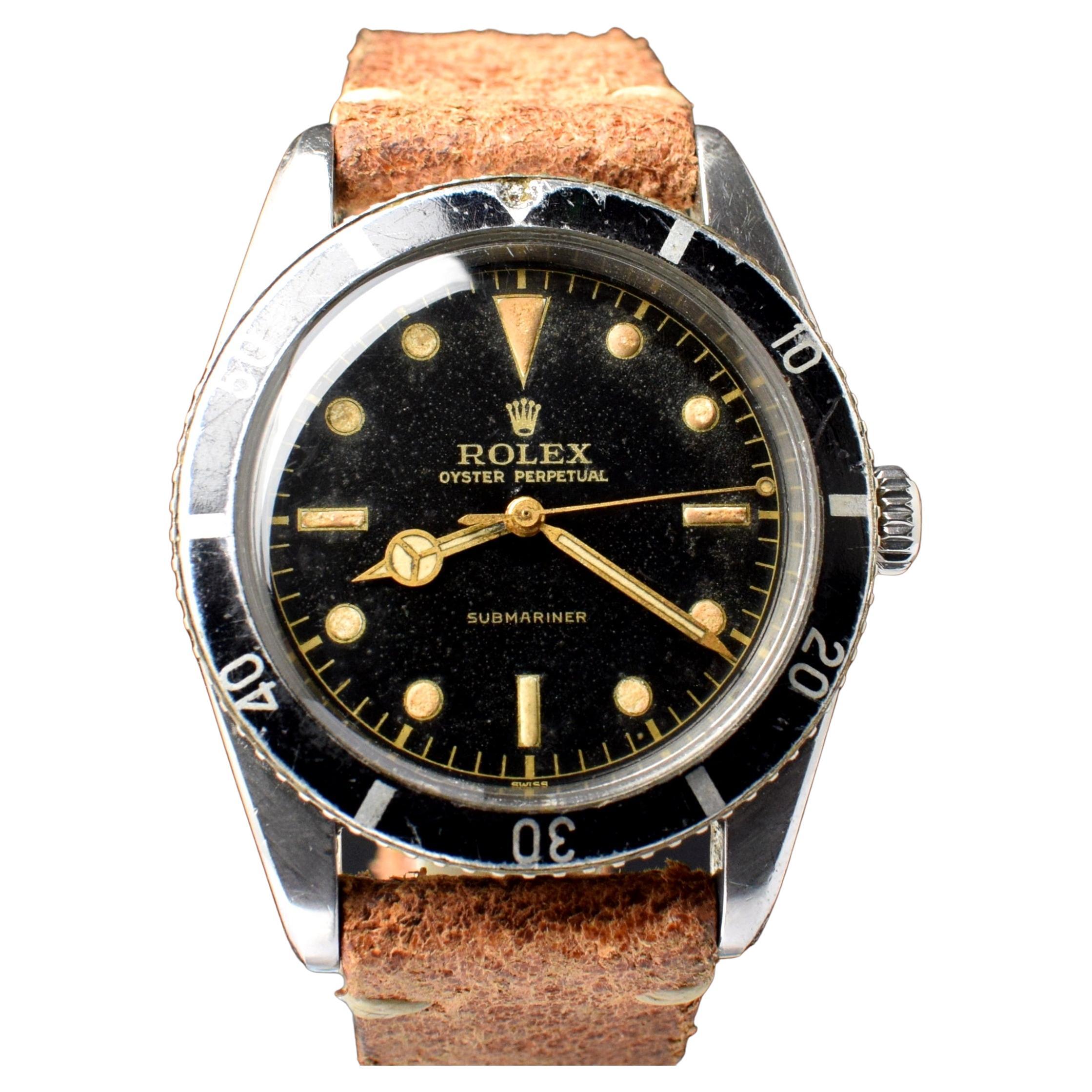 Rolex Submariner Small Crown Gilt Black Dial 6205 Steel Automatic Watch 1954 For Sale