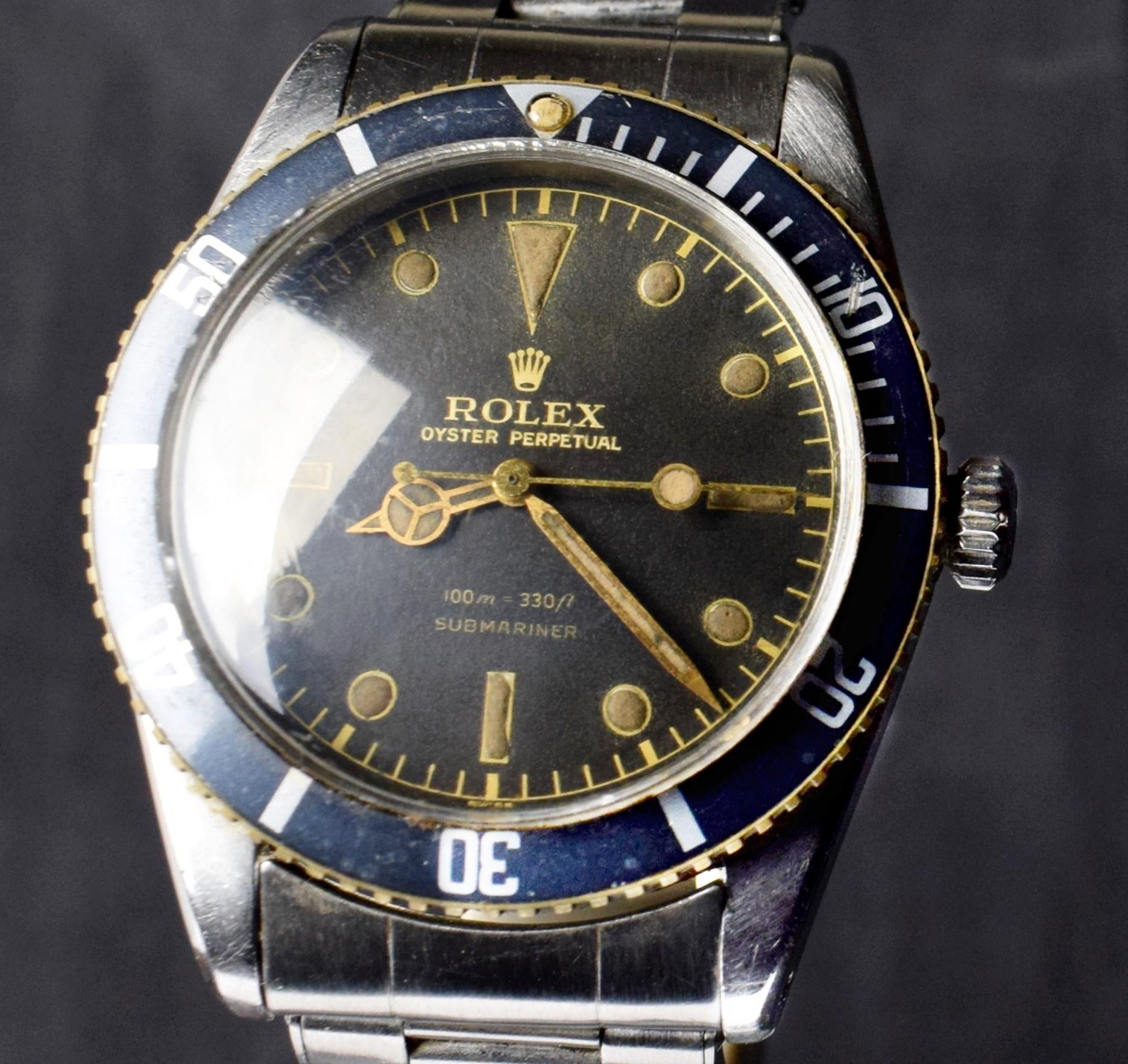 Rolex Submariner Small Crown Gilt Dial 6536/1 Steel Automatic Watch 1956 In Fair Condition In Central & Western District, HK